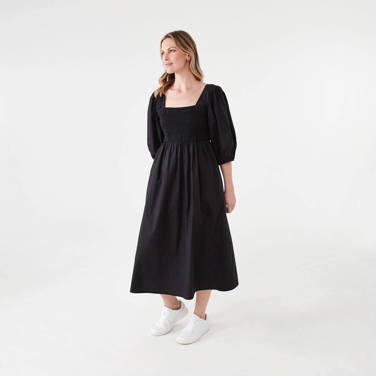 2 Short Sleeve Shirred Bodice Midi Dress BLACK, 2 of 6