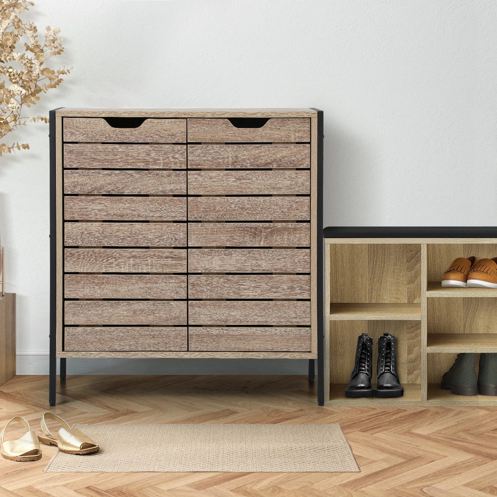 3 Oikiture Shoe Rack Shoes Storage Cabinet Organiser Shelf 2 Doors
 - Natural, 3 of 10