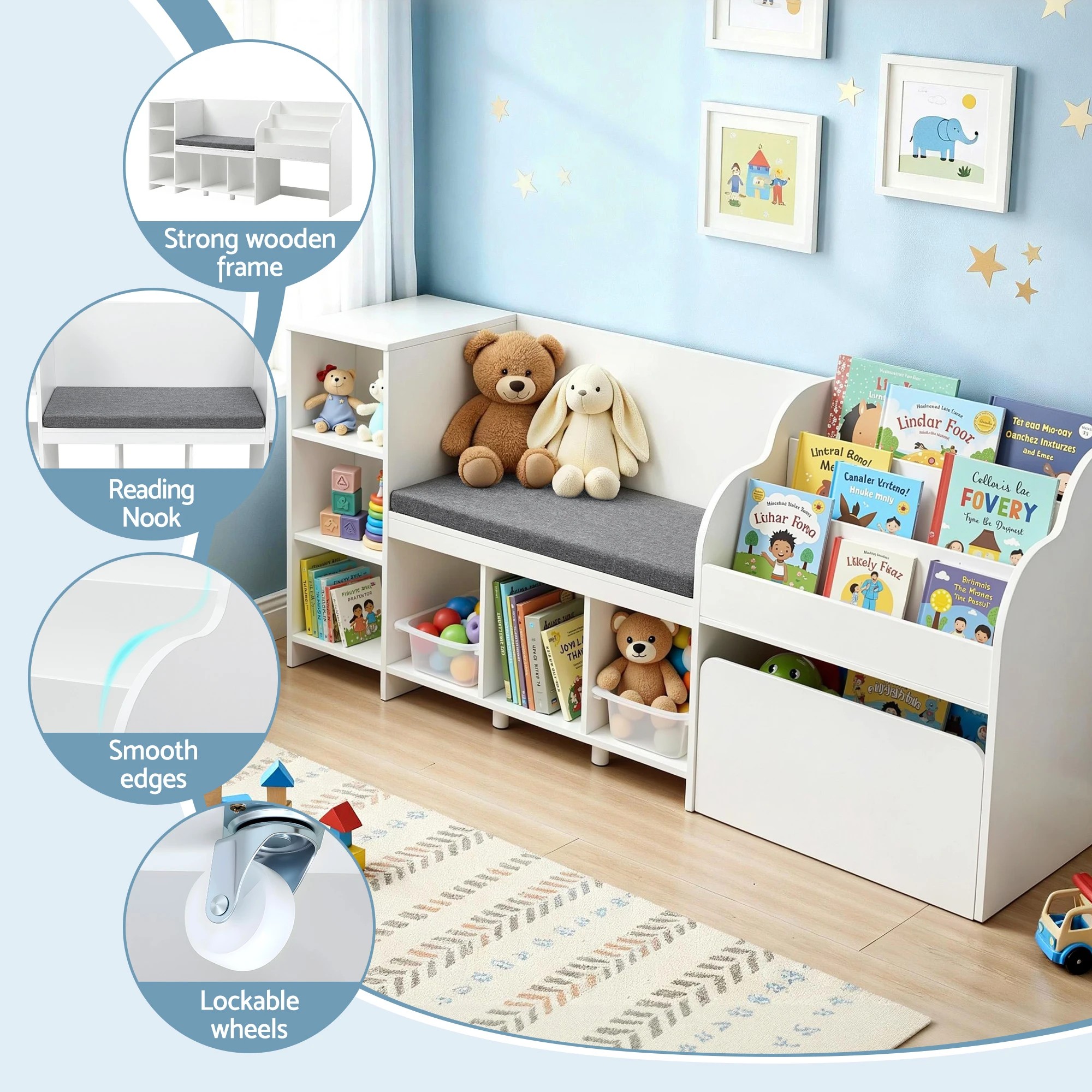7 Keezi Kids Storage Unit Bookshelf Toy Box Organiser Bench Seat Cabinet 170cm - White, 7 of 8