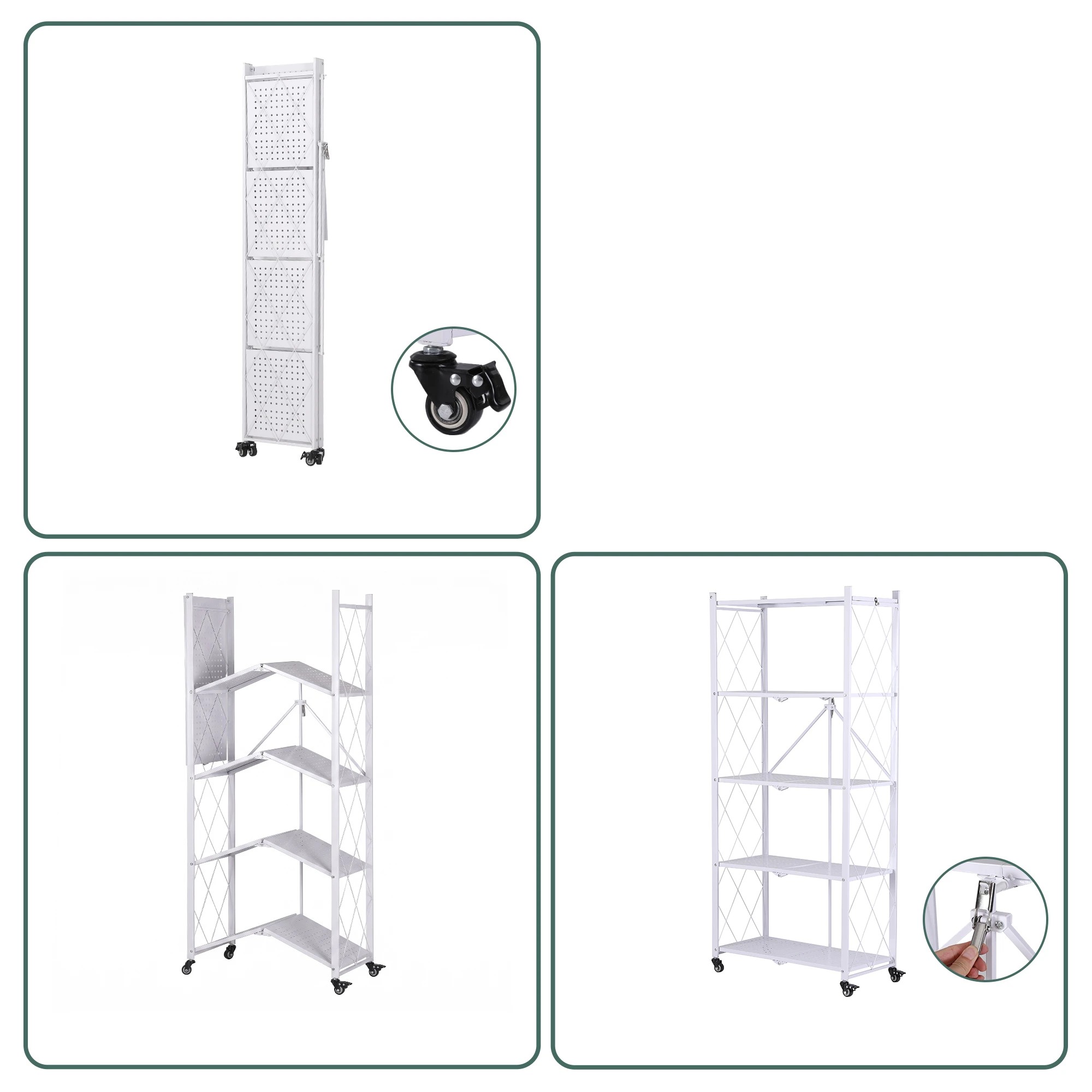 6 Artiss 5-Tier Foldable Kitchen Bakers Rack with Wheels 71x34x160cm Metal Microwave Stand 25kg Capacity Per - White, 6 of 10