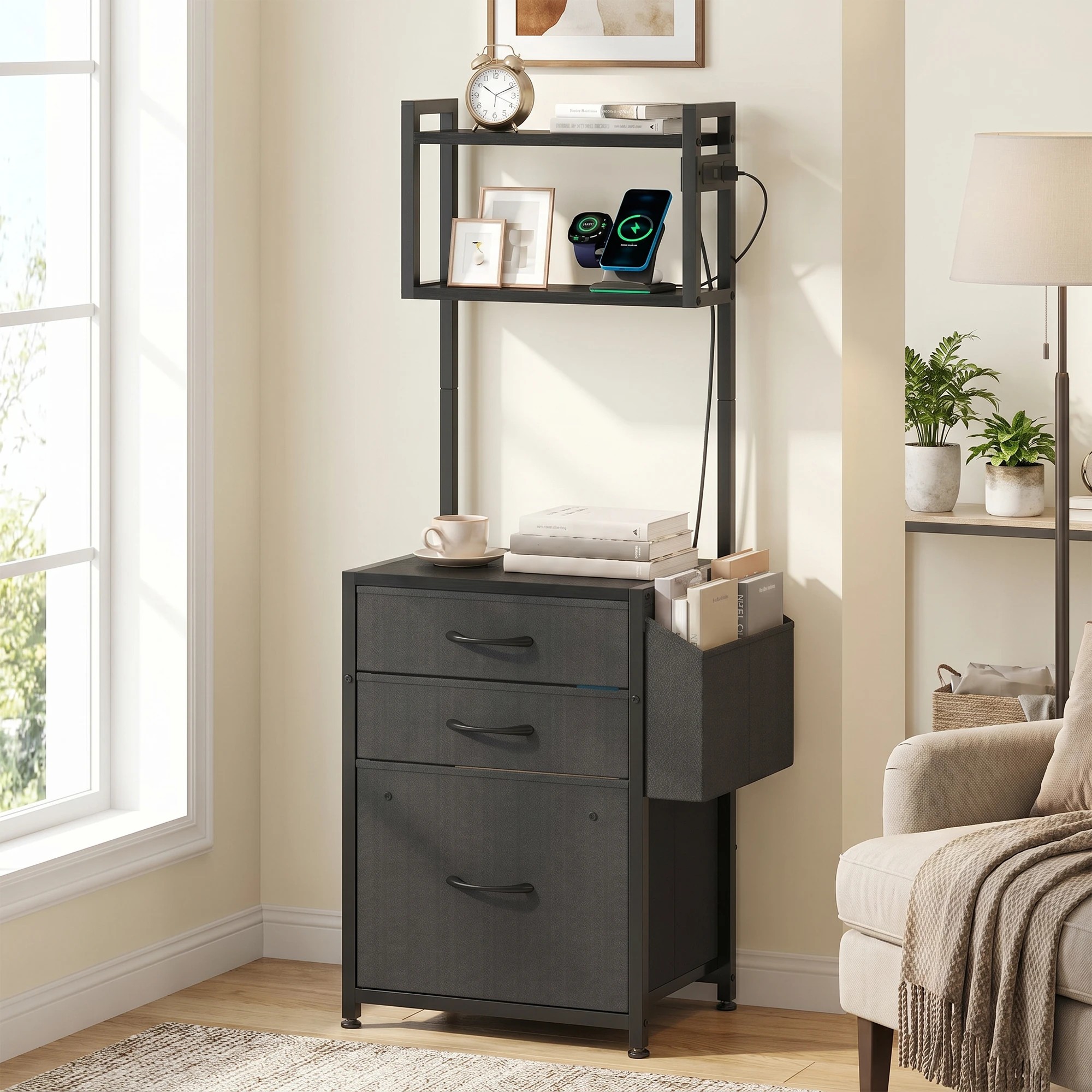 Advwin File Cabinet w/ Charging Station 3 Drawer 2 Shelf & Side Pocket ...