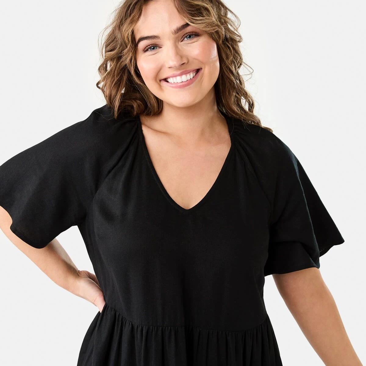5 Short Sleeve Linen Blend Tiered Mini Dress BLACK, 5 of 9