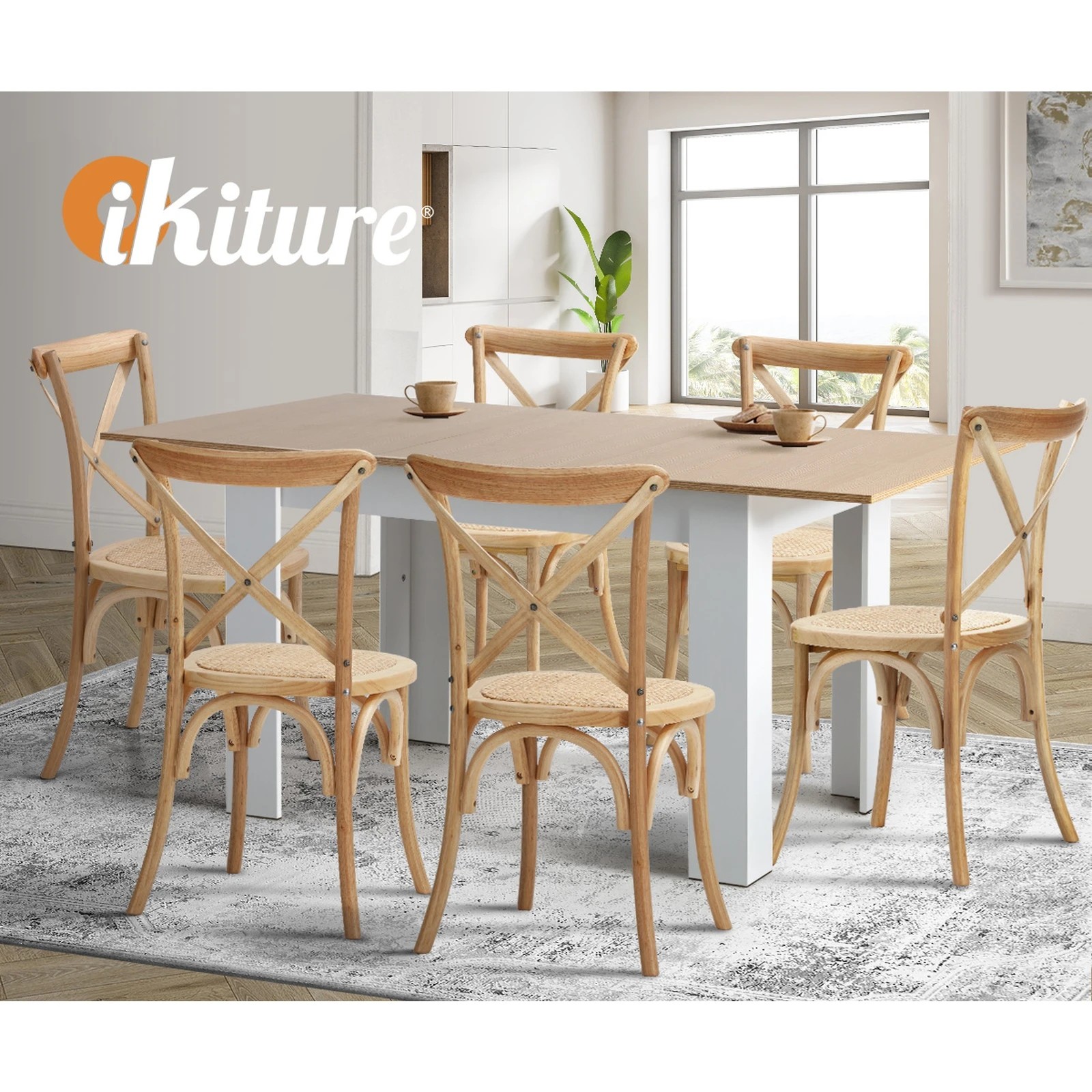 5 Oikiture 160cm Extendable Dining Table With 6pcs Dining Chairs Crossback Wooden
 - Multi, 5 of 10
