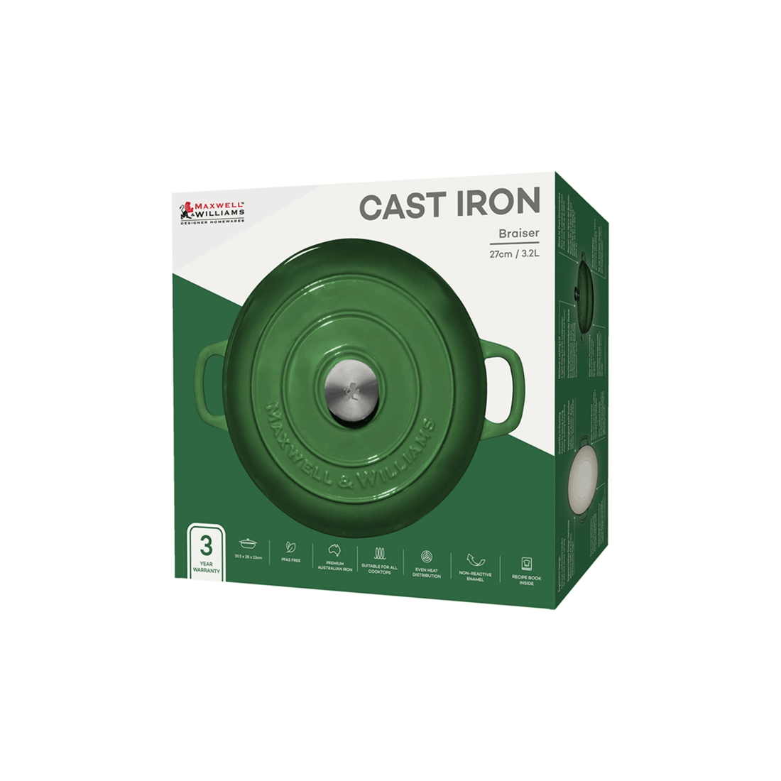 4 Maxwell & Williams Cast Iron Braiser 27cm 3.3l Braiser Pan - Durable Cookware
 - Green, 4 of 4