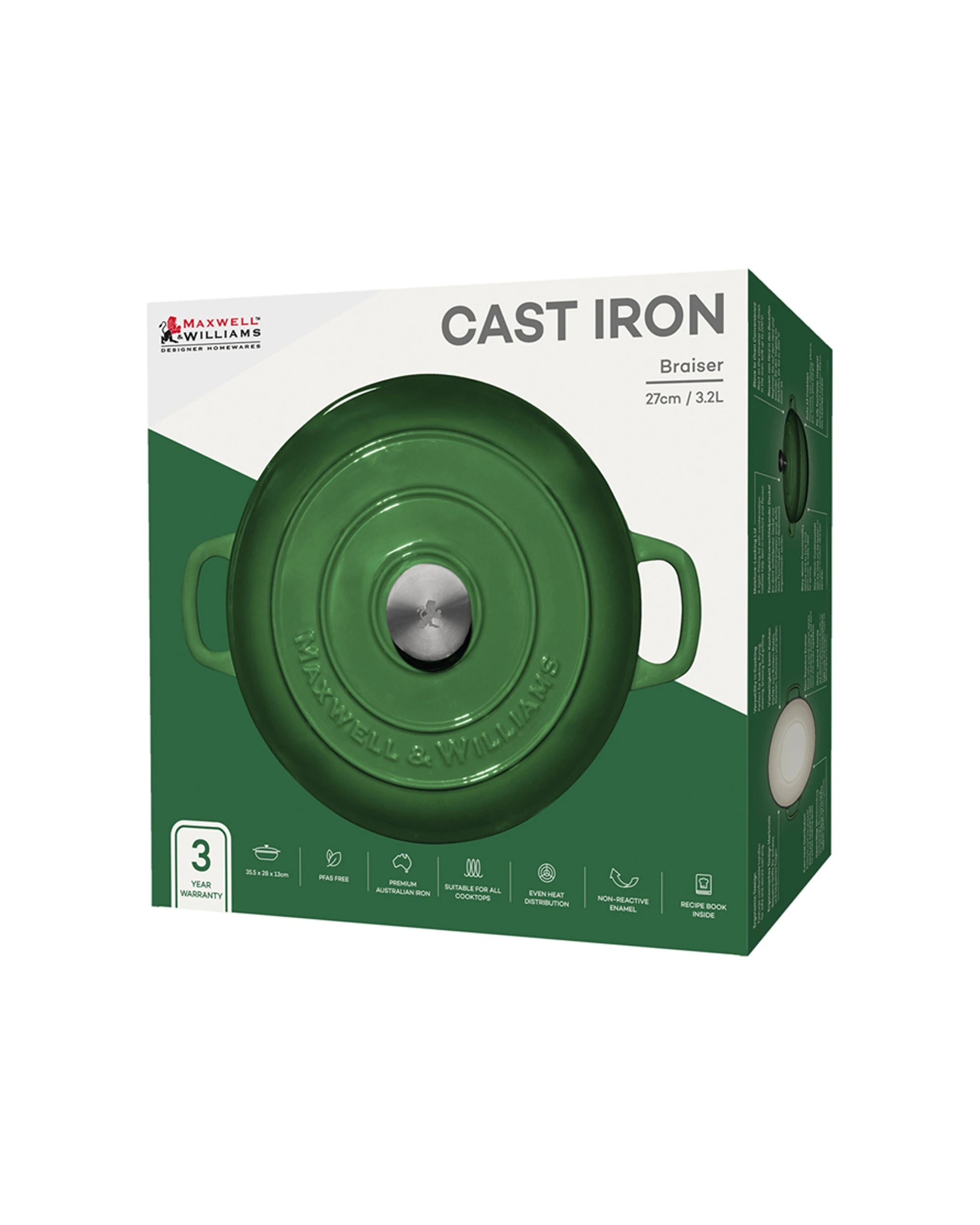 4 Maxwell & Williams Cast Iron Braiser 27cm 3.3l Braiser Pan - Durable Cookware
 - Green, 4 of 4