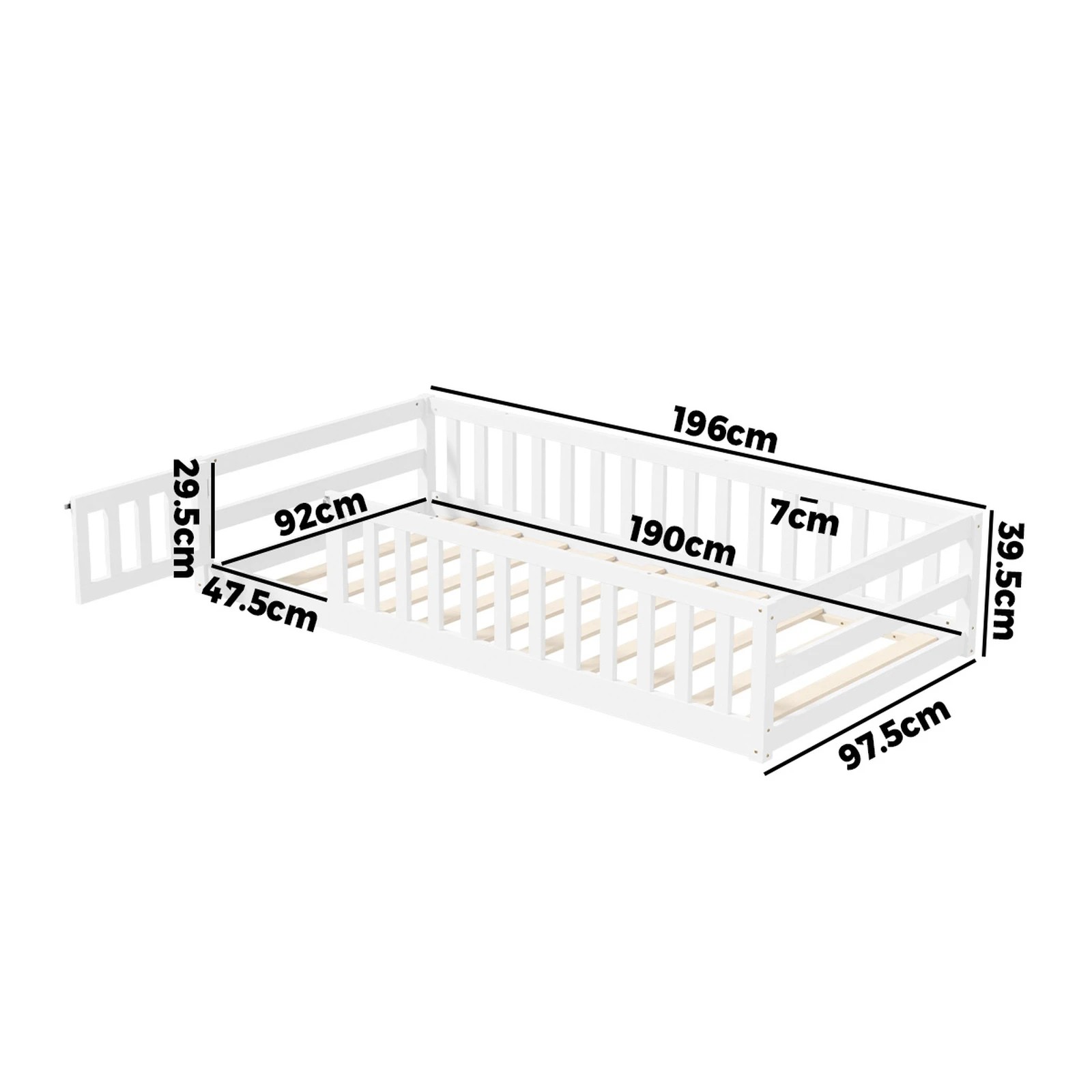 2 Oikiture Single Kids Bed Frame with Gate Fence Wood - White, 2 of 10