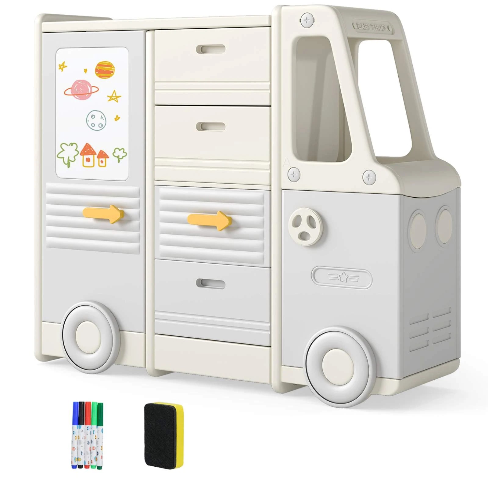 1 Costway Car Shaped Toy Storage Cabinet Display Shelf w/Drawing Board - Grey, 1 of 3