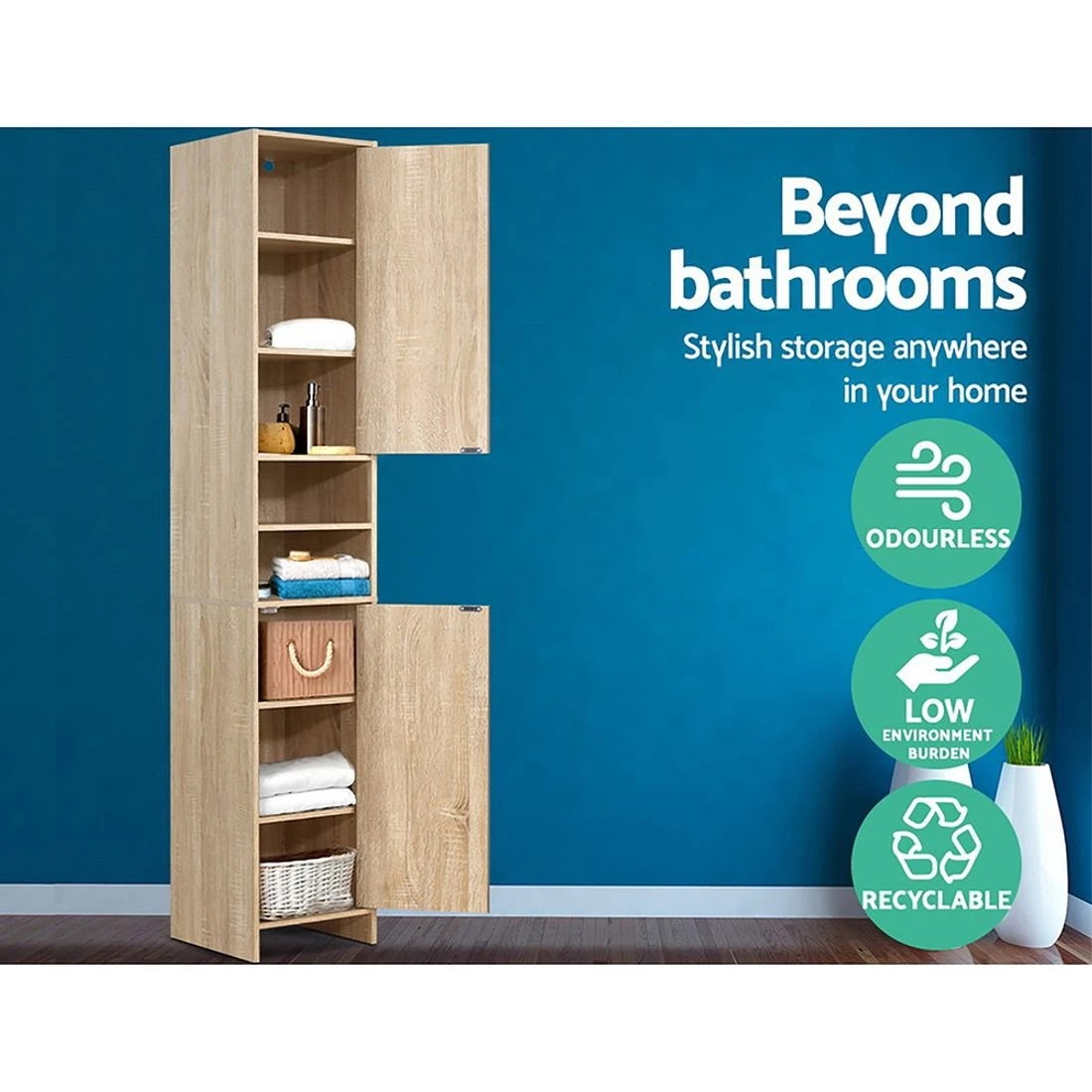 6 Artiss Bathroom Cabinet Storage 185cm Wooden - Natural, 6 of 8