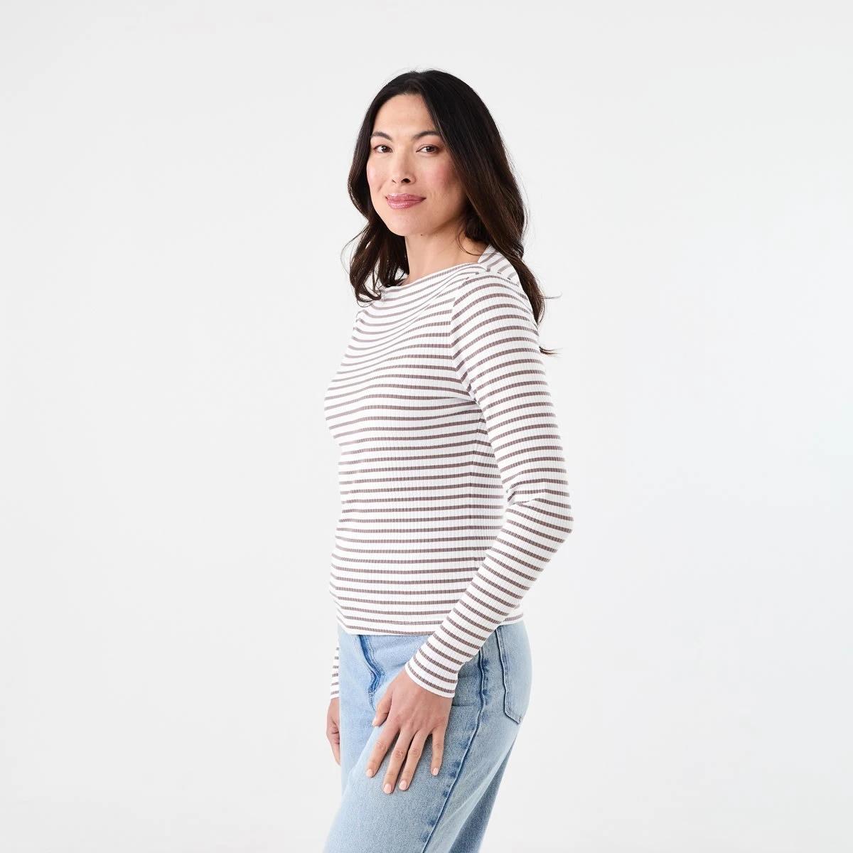 2 Long Sleeve Rib Boat Neck Top Taupe Stp, 2 of 5
