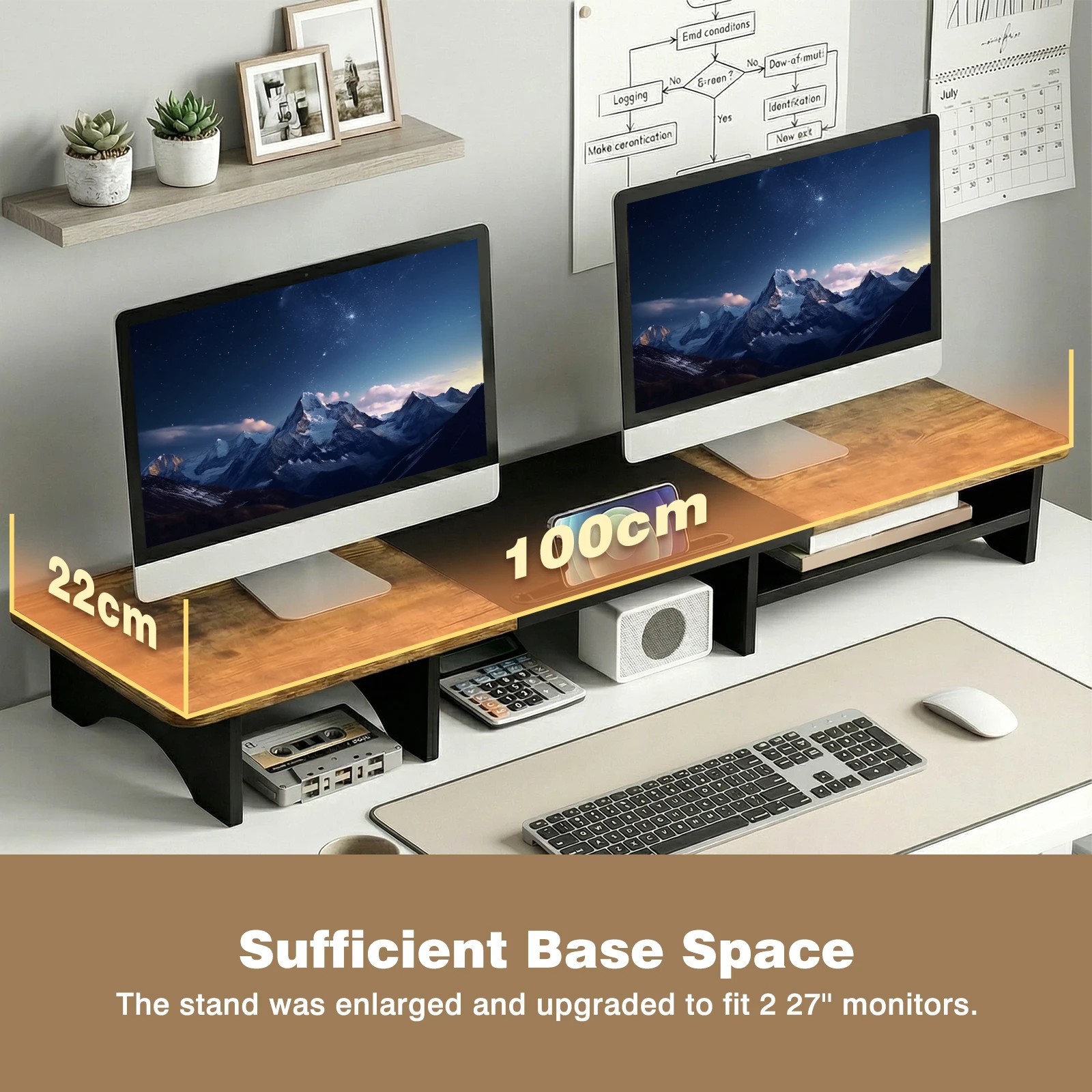 6 Advwin 100cm Dual Monitor Stand Riser Wood Desktop Organizer with Storage Space, 6 of 9