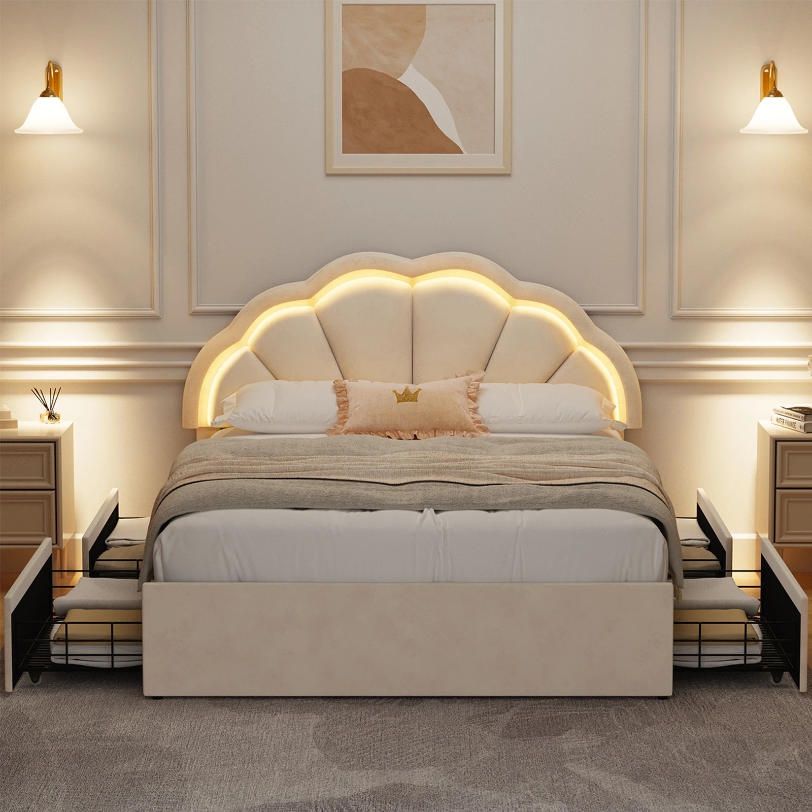 4 Oikiture Double Size Bed Frame LED Shell Headboard with Drawers - Beige, 4 of 6