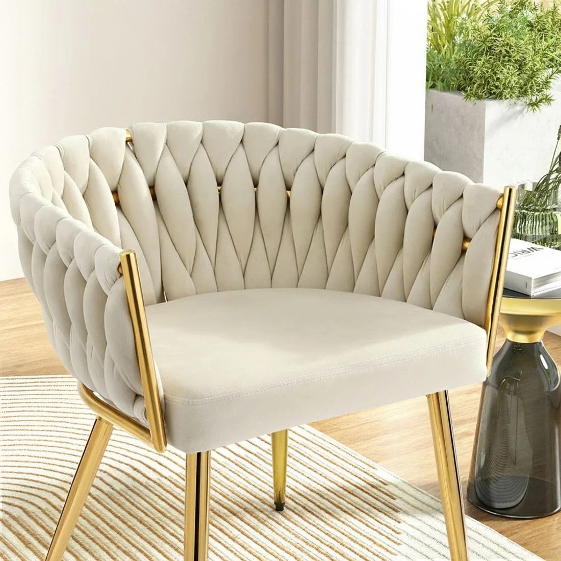 5 Artiss Dining Chair Velvet Weaving Armchair Vanity Chairs - Natural, 5 of 5