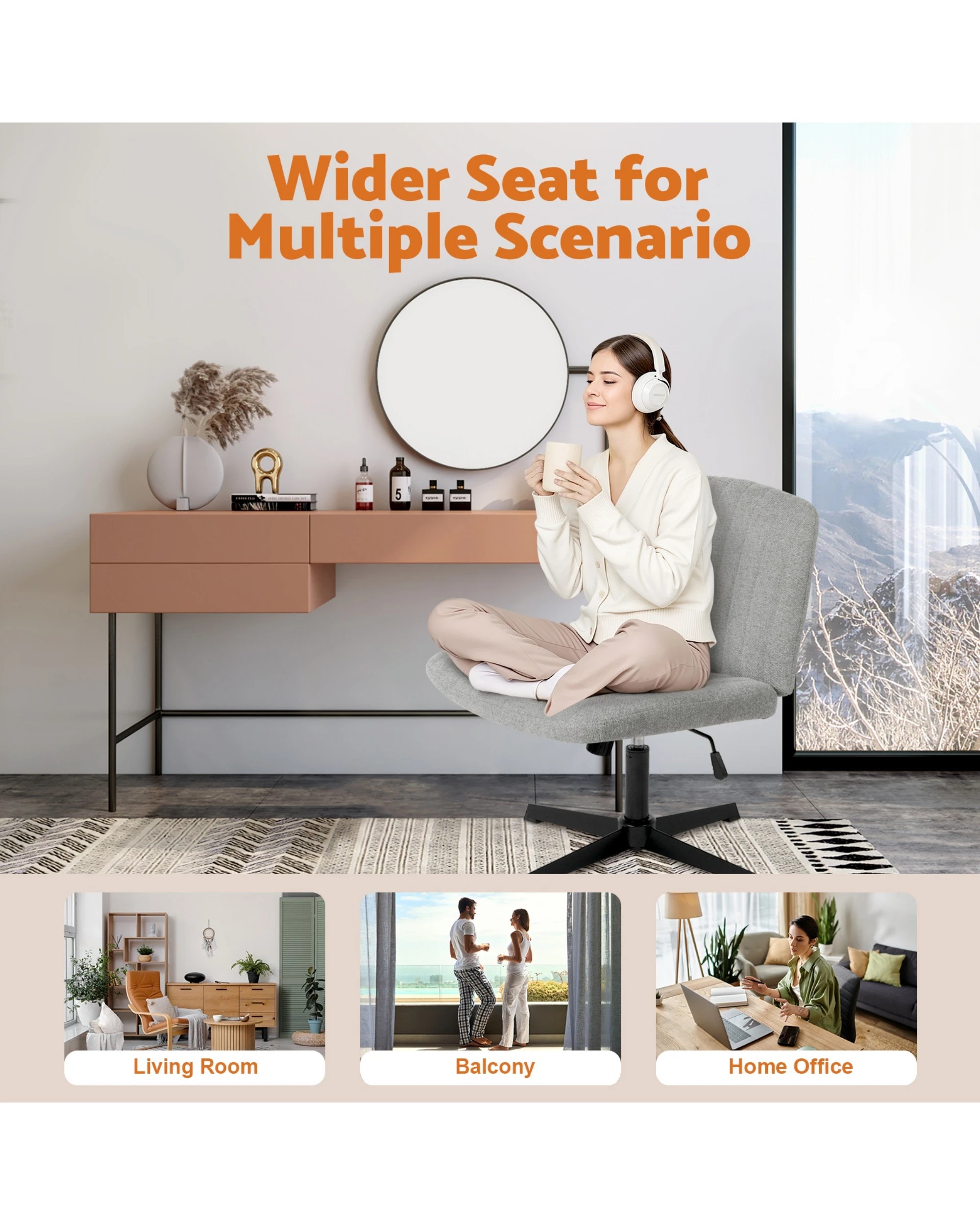 9 Advwin Armless Office Chair Swivel Vanity Chair No Wheel Grey, 9 of 9