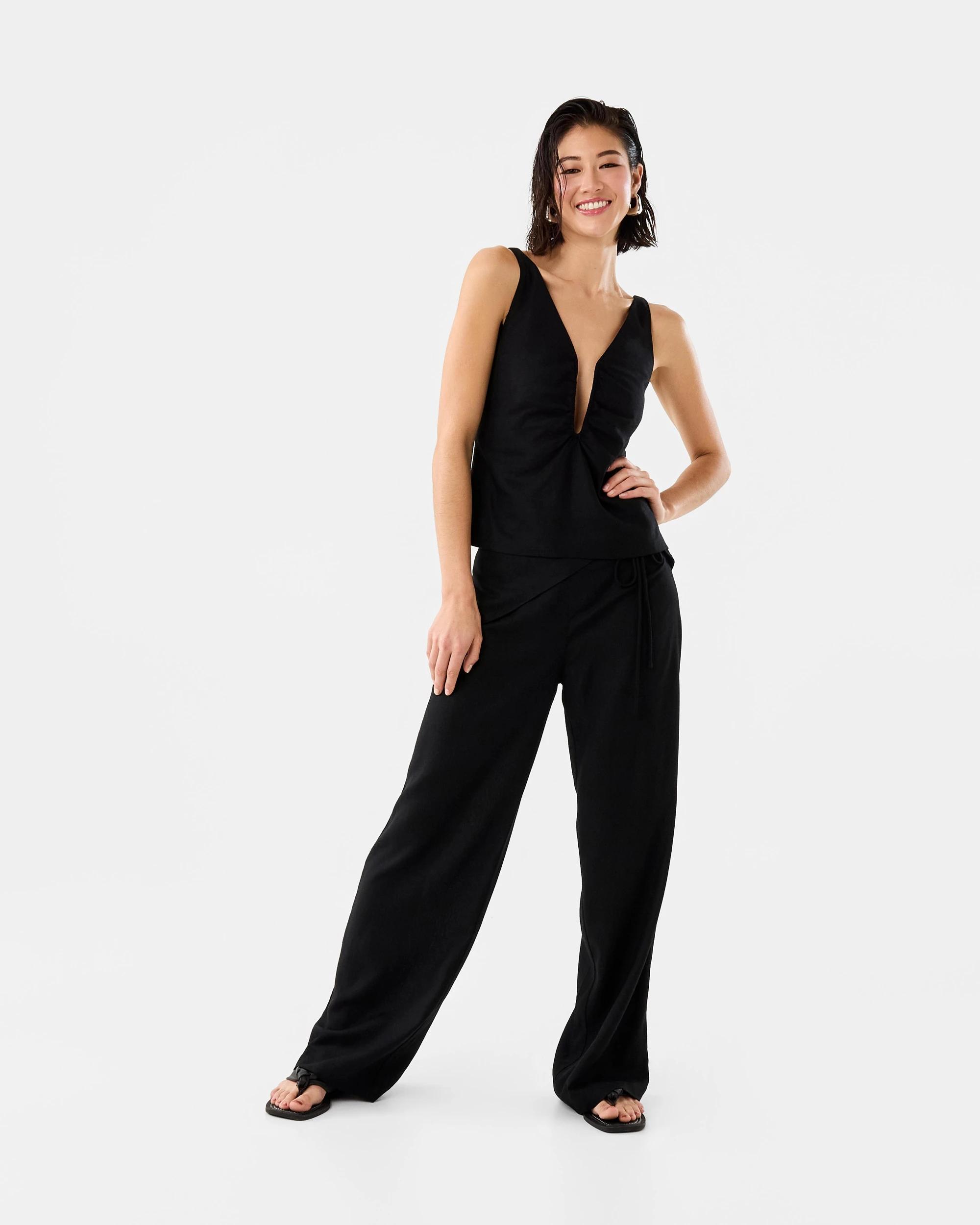 2 Linen Blend Tie Detail Pants Black, 2 of 7