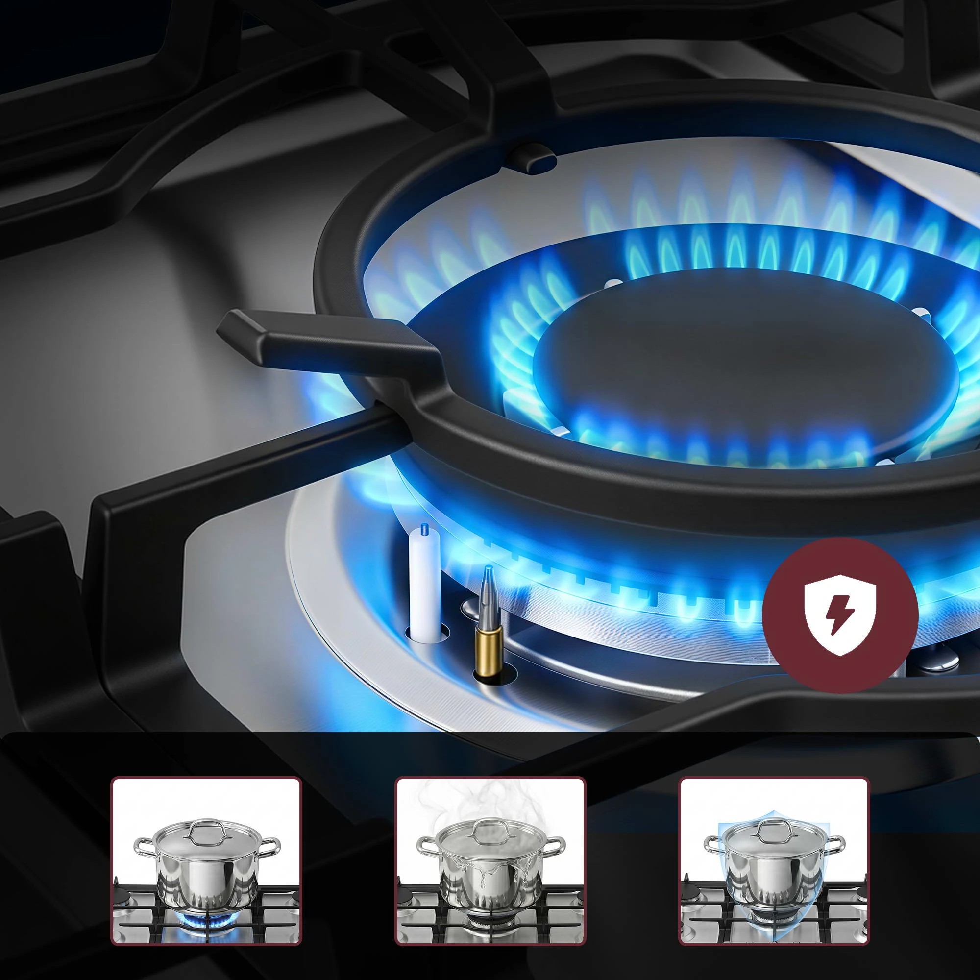 7 Devanti 90cm Gas Cooktop 5 Burner LPG NG Stainless Steel Hob Cast Iron Pan Support - Silver, 7 of 9