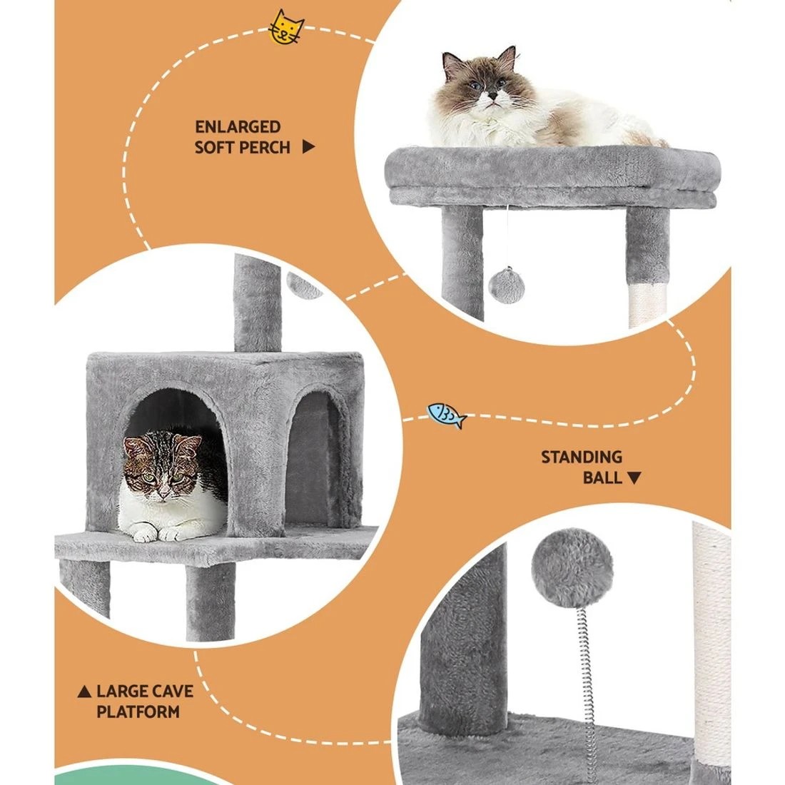 4 i.Pet Cat Tree 143cm Tower Scratching Post Trees Scratcher Condo House Grey - Grey, 4 of 5