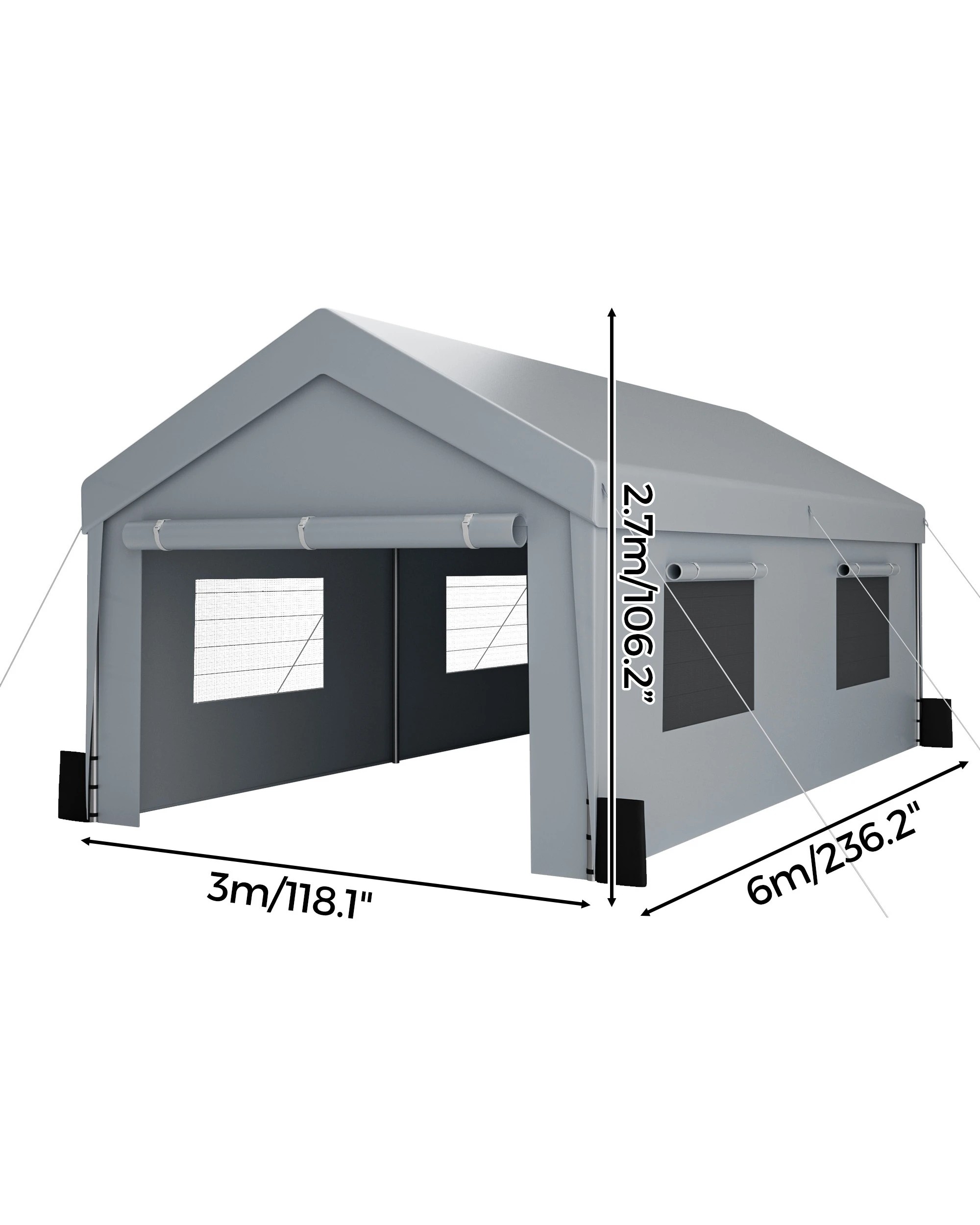 3 Advwin Carport 3x6m Outdoor Portable Garage with Removable and Roll-up Sidewalls/Doors - Grey, 3 of 6