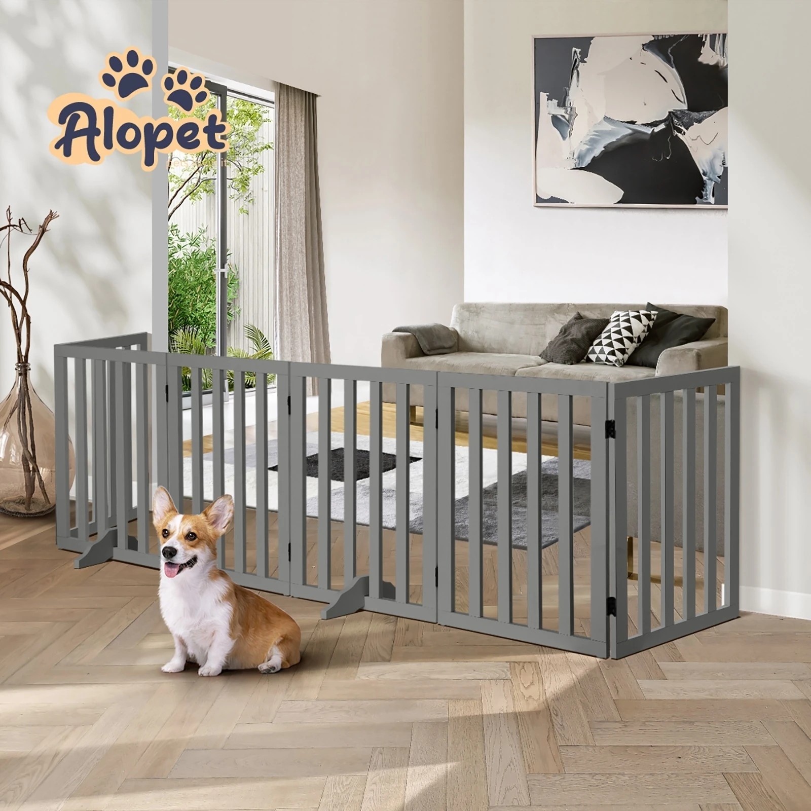 8 Alopet Wooden Pet Gate Dog Fence Safety Stair Barrier Security Door 6-Panel - Grey, 8 of 10