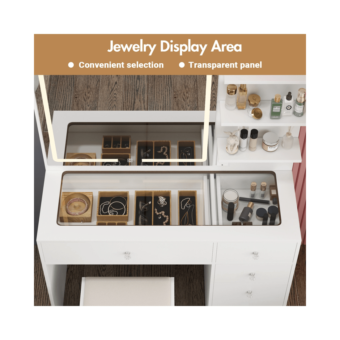 3 Advwin Dressing Table Stool Set Charging Station Lights Glass Tabletop Vanity Desk, 3 of 10