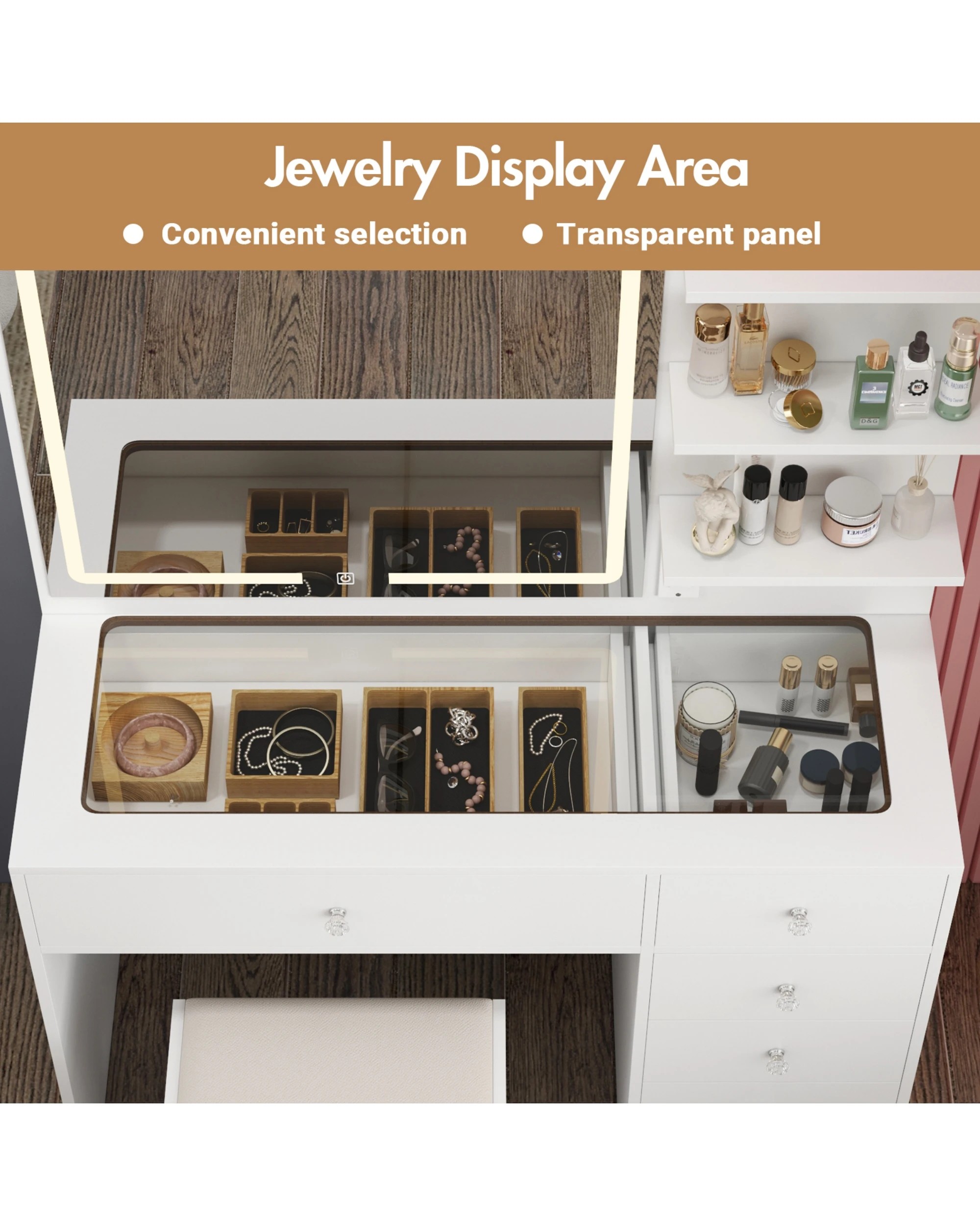 3 Advwin Dressing Table Stool Set Charging Station Lights Glass Tabletop Vanity Desk, 3 of 10