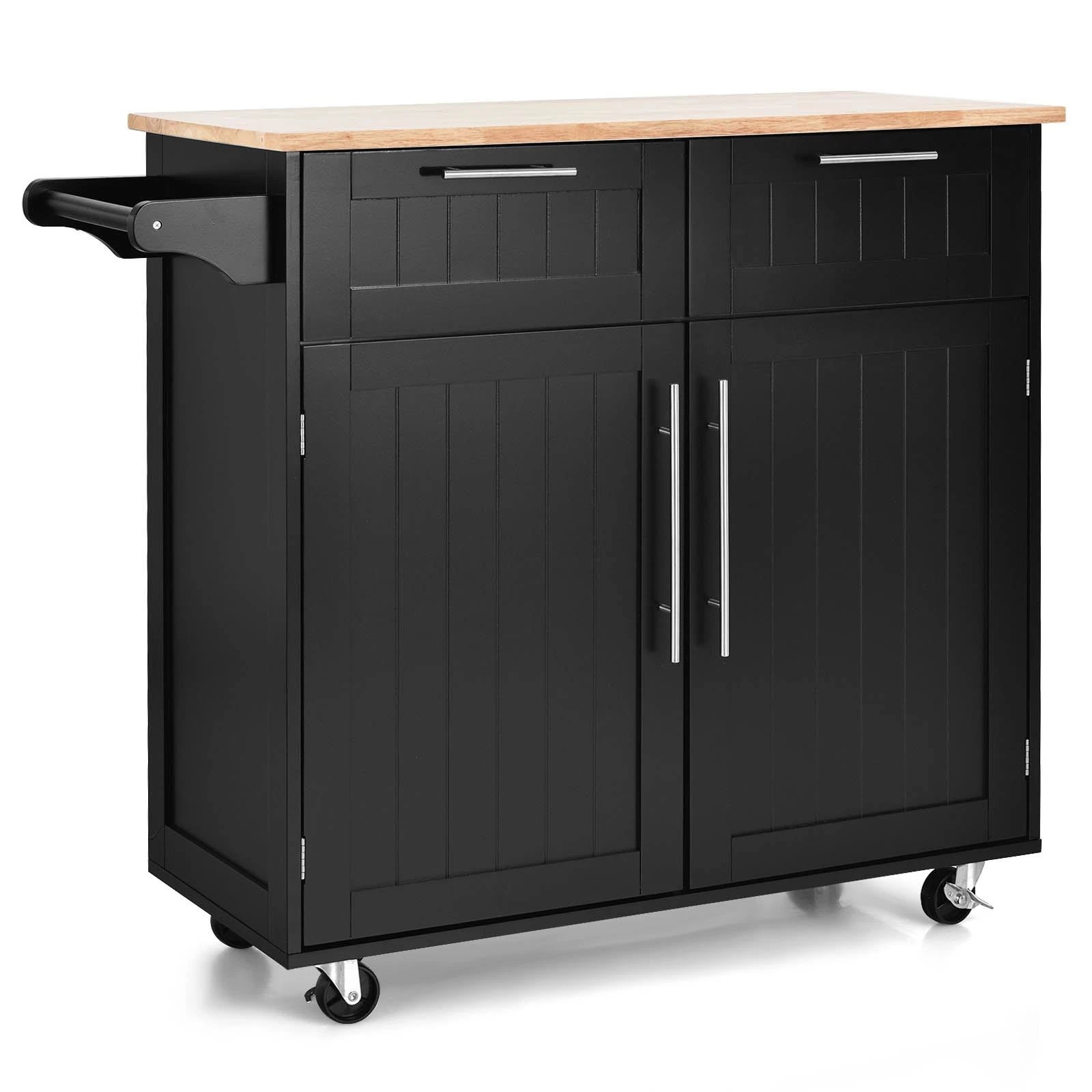 1 Costway Kitchen Island Trolley Rubber Wood Top Black, 1 of 5