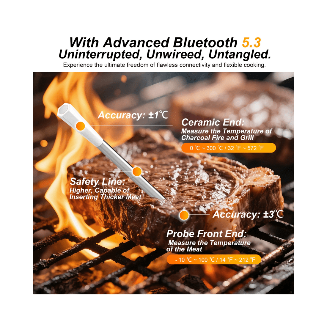 4 Advwin Wireless Meat Thermometer with Dual Probes, Bluetooth 5.3 Smart Food Thermometer with App 800ft Range, 4 of 7