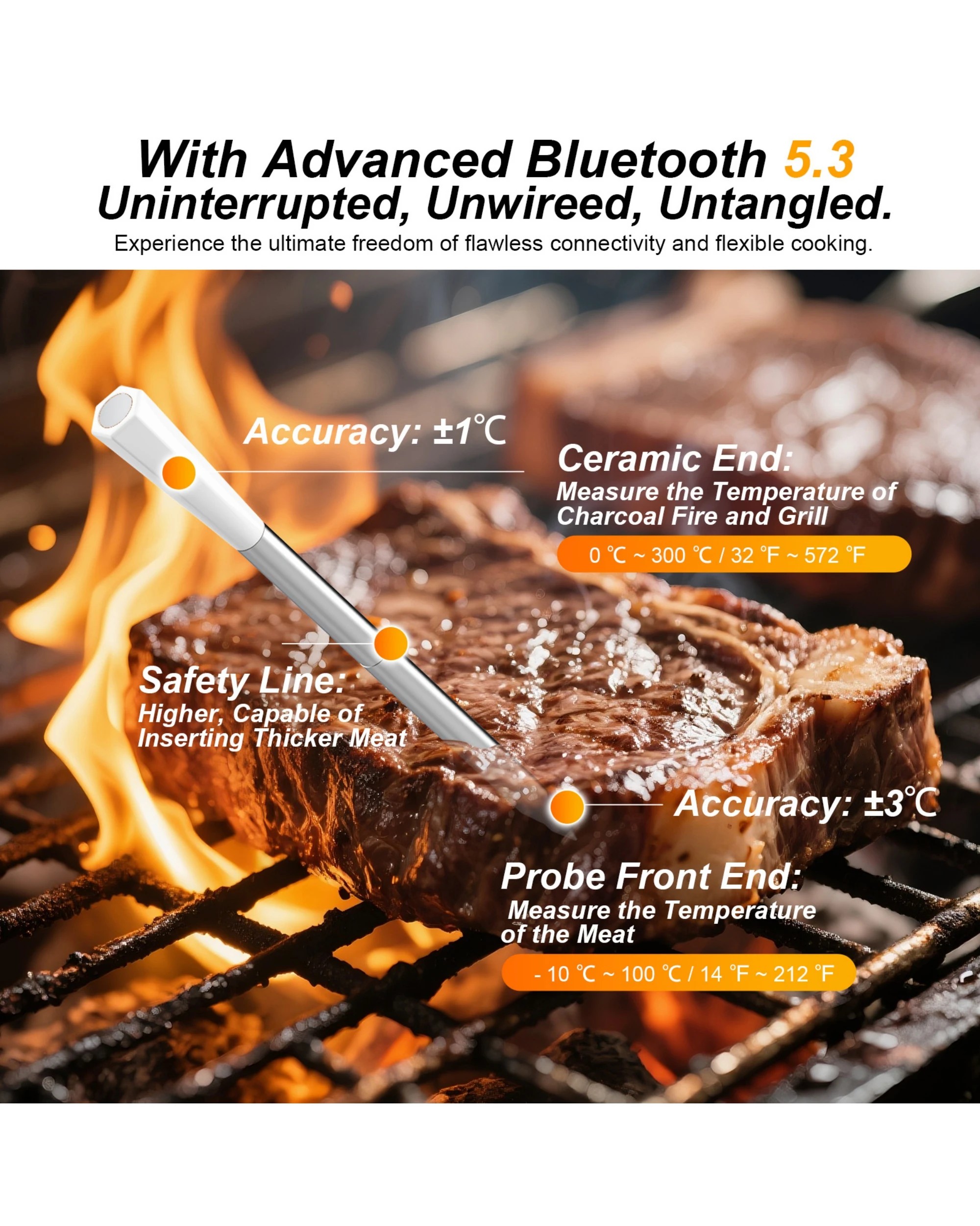 4 Advwin Wireless Meat Thermometer with Dual Probes, Bluetooth 5.3 Smart Food Thermometer with App 800ft Range, 4 of 7