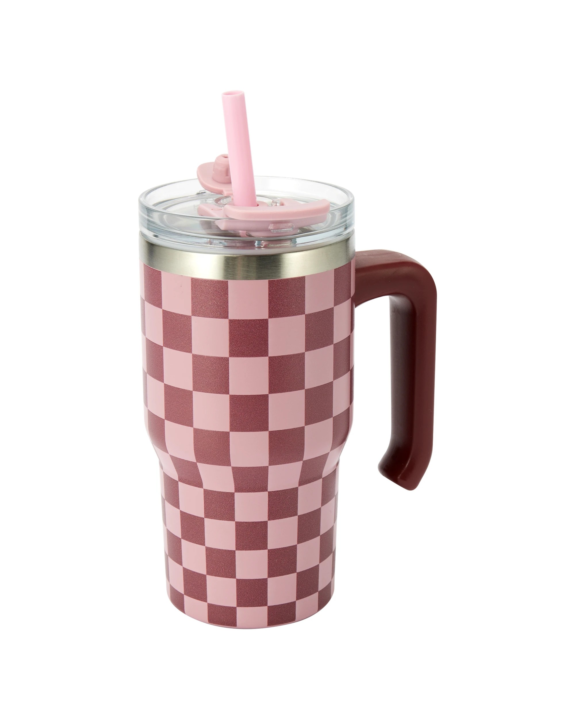 1 600ml Burgundy Check Tumbler with Handle, 1 of 5