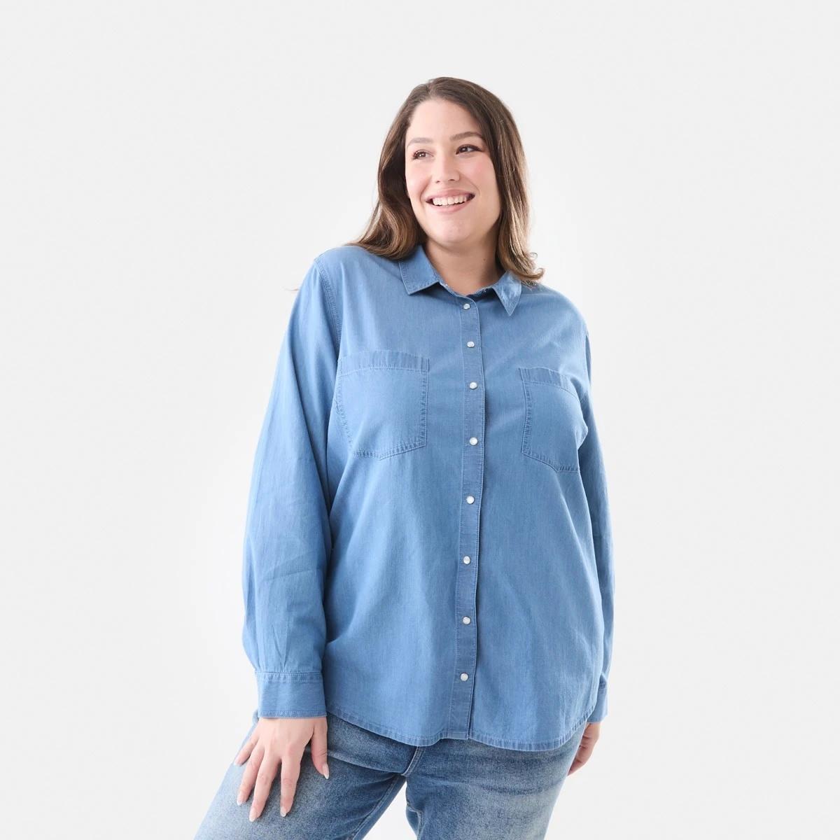 1 Curve Long Sleeve Denim Shirt Mid Wash, 1 of 5