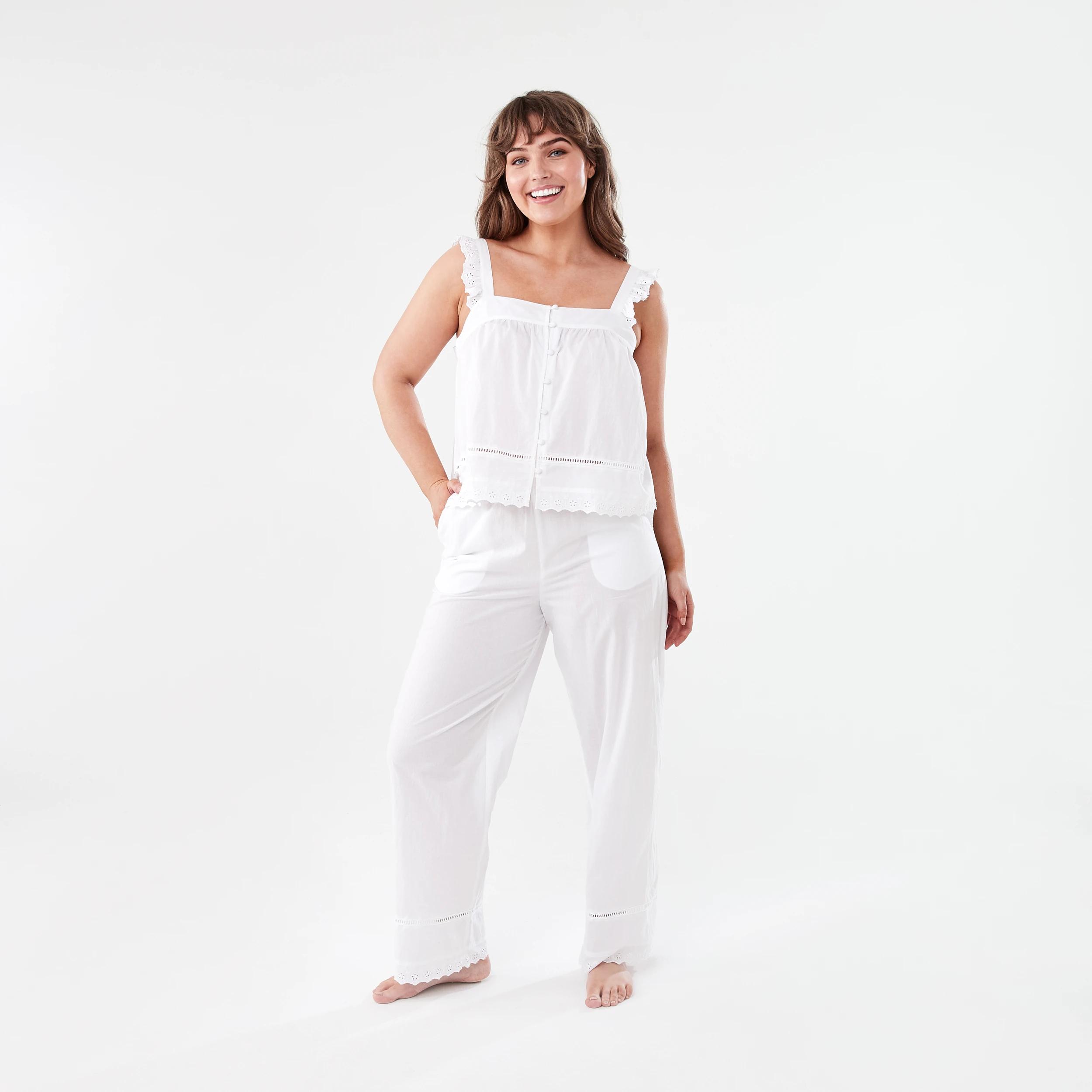 1 Sleeveless Broderie Top and 3/4 Pants Pyjama Set White, 1 of 9