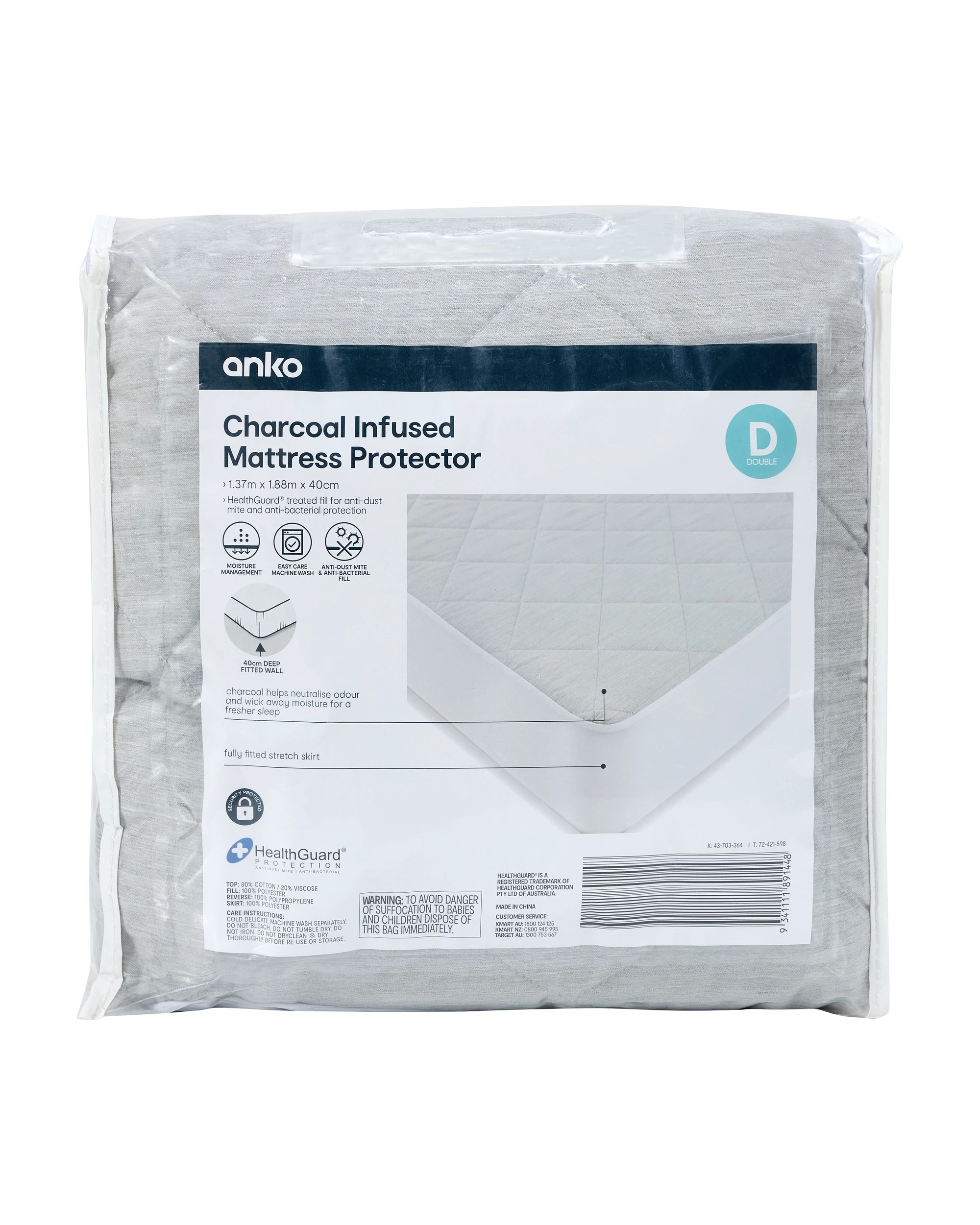 1 Charcoal Infused Mattress Protector - Double Bed, Grey, 1 of 4