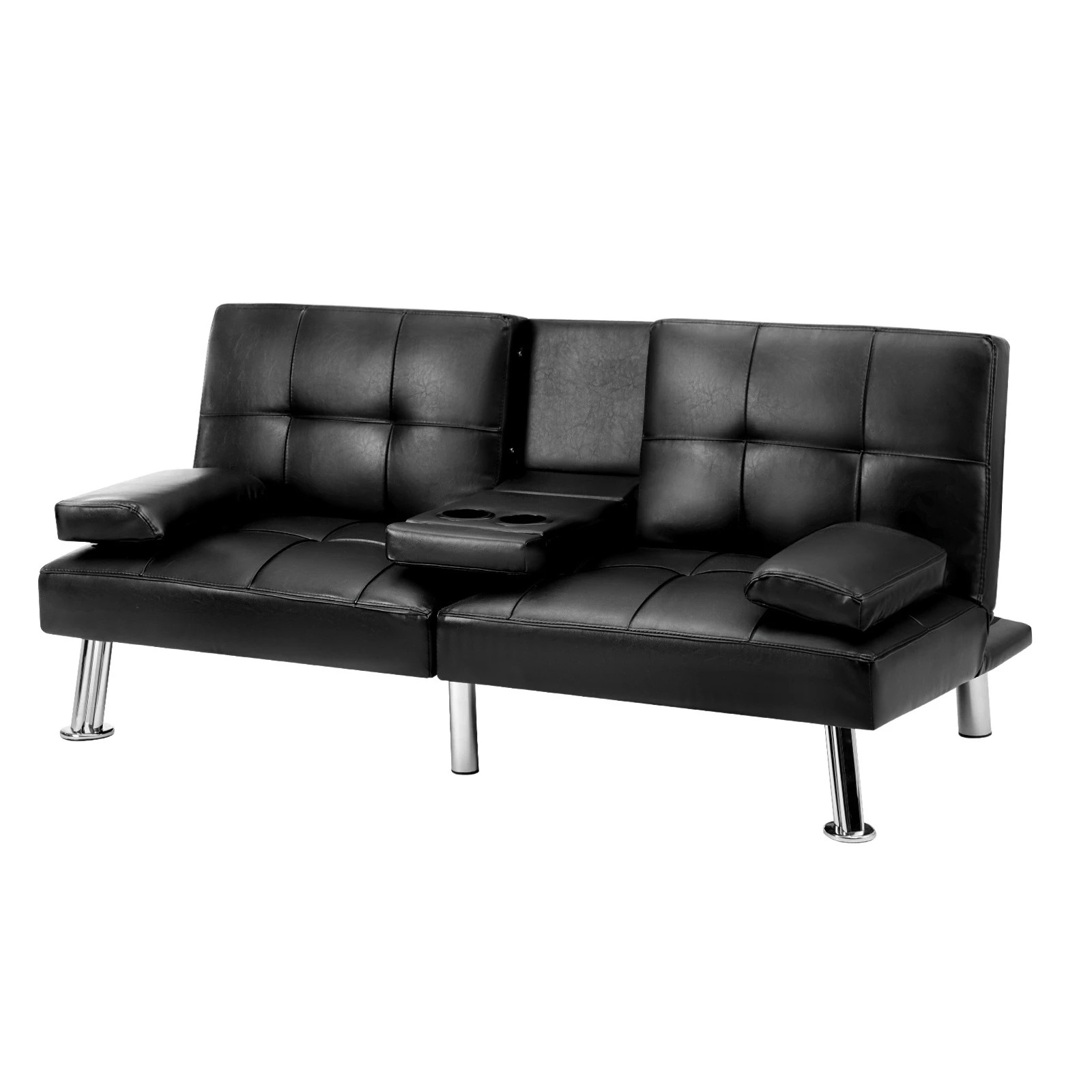1 Oikiture Sofa Bed Lounge Leather 3 Seater Futon Couch Beds Sofabeds Cup Holder
 - Black, 1 of 10
