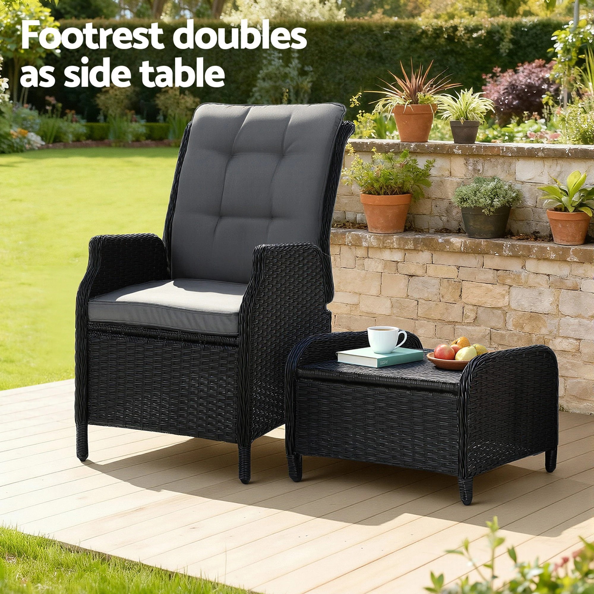 6 Gardeon 2PC Recliner Chair Sun lounge Wicker Lounger Outdoor Furniture - Black, 6 of 8