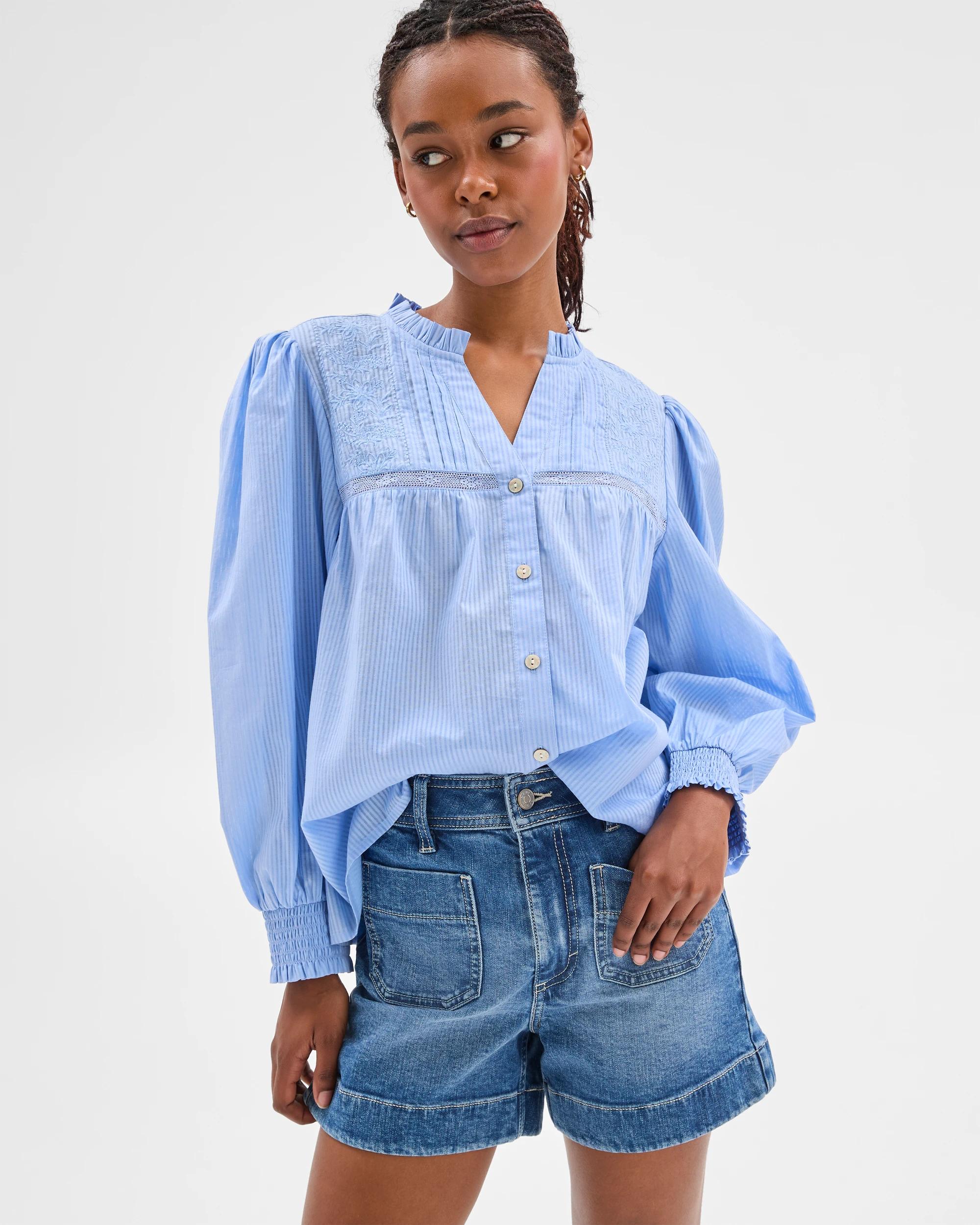 1 Target Petites Long Sleeve Broderie Blouse SUMMER BLUE STRIPE, 1 of 7