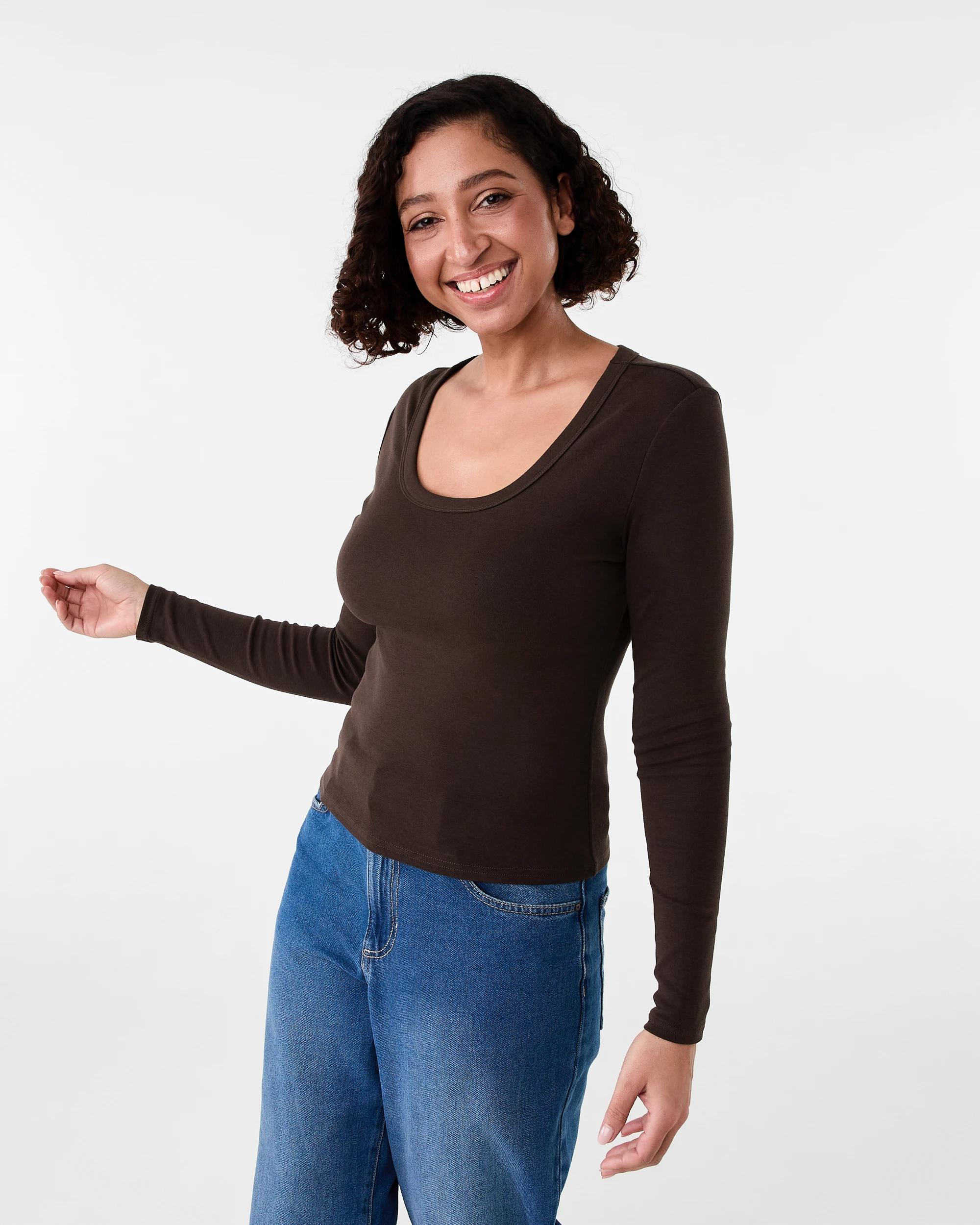 1 Long Sleeve Rib Scoop Neck T-shirt Melt Brown, 1 of 4