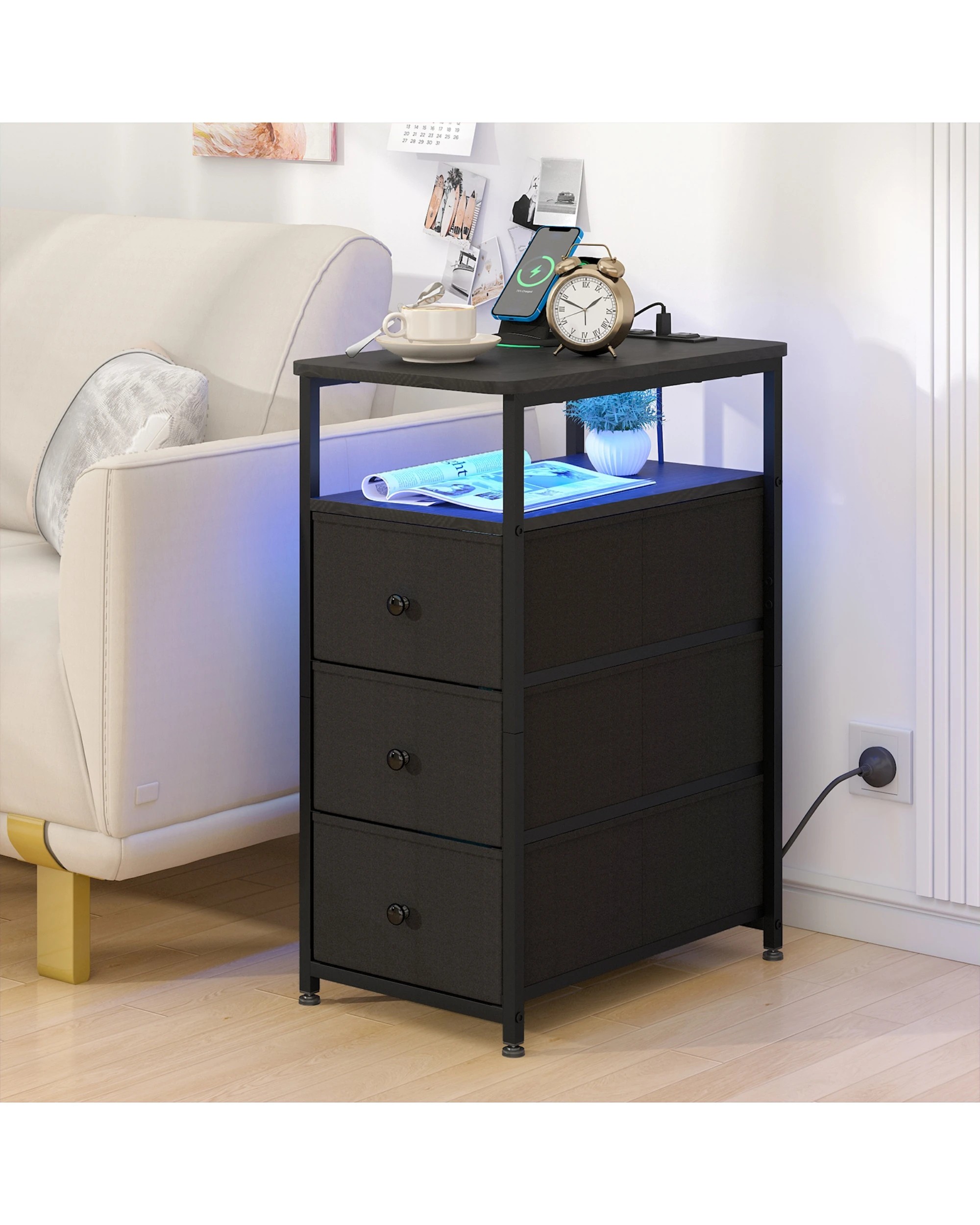 2 Advwin LED End Table Sofa Side Table with Charging Station and Drawers Narrow Bedside Table, 2 of 10