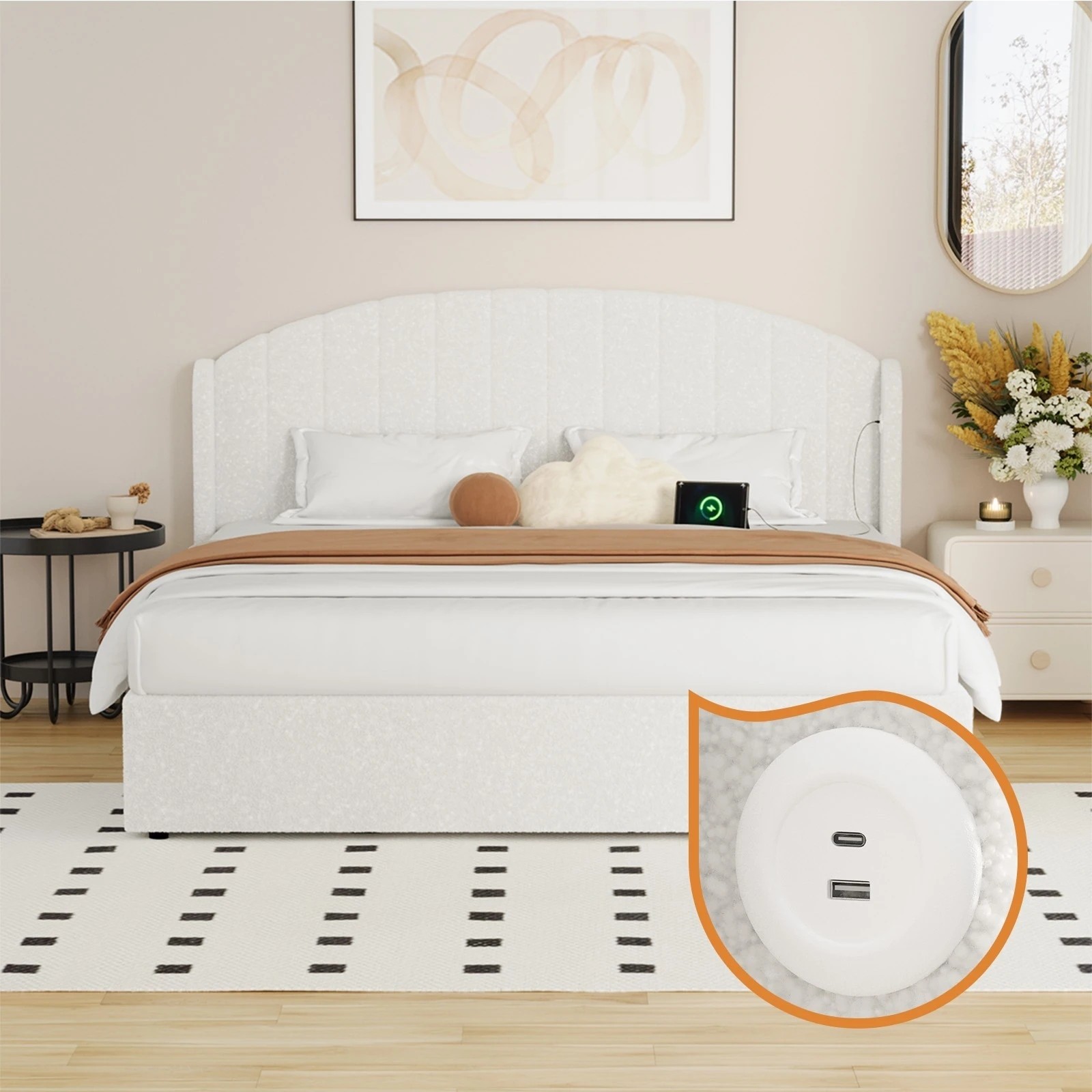 5 Oikiture Bed Frame King Size With Gas Lift Storage USB Charging Boucle - White, 5 of 8