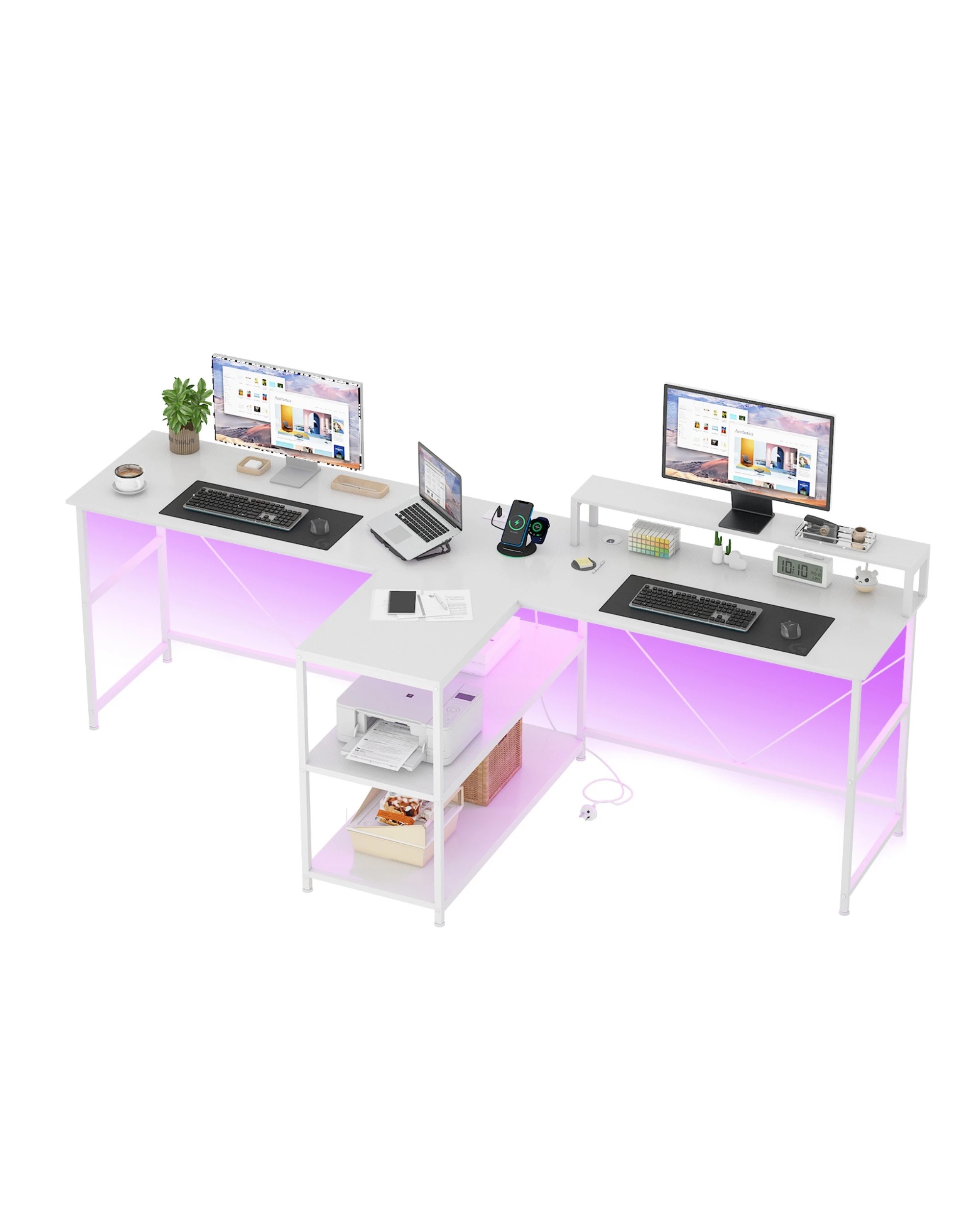 8 Advwin 236cm 2 Person LED Gaming  Computer Desks w/ Power Outlets  - White, 8 of 10
