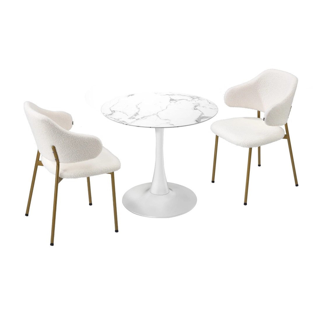 1 Oikiture 60cm Round Dining Table With 2x Sherpa Dining Chairs Gold Metal Leg
 - White, 1 of 10