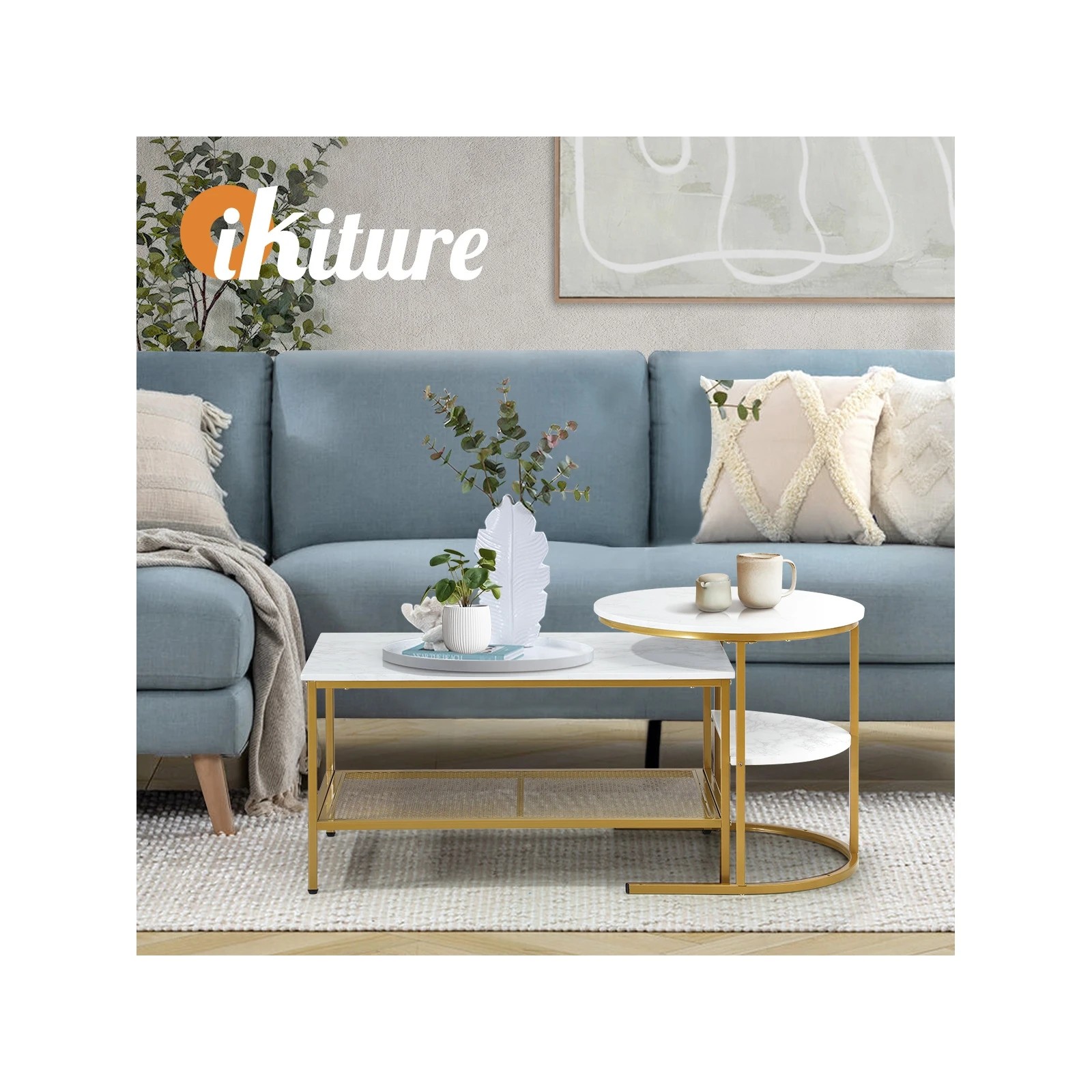 5 Oikiture Nesting Coffee Table Set Of 2 Side End Table Faux Marble Top
 - Multi, 5 of 10