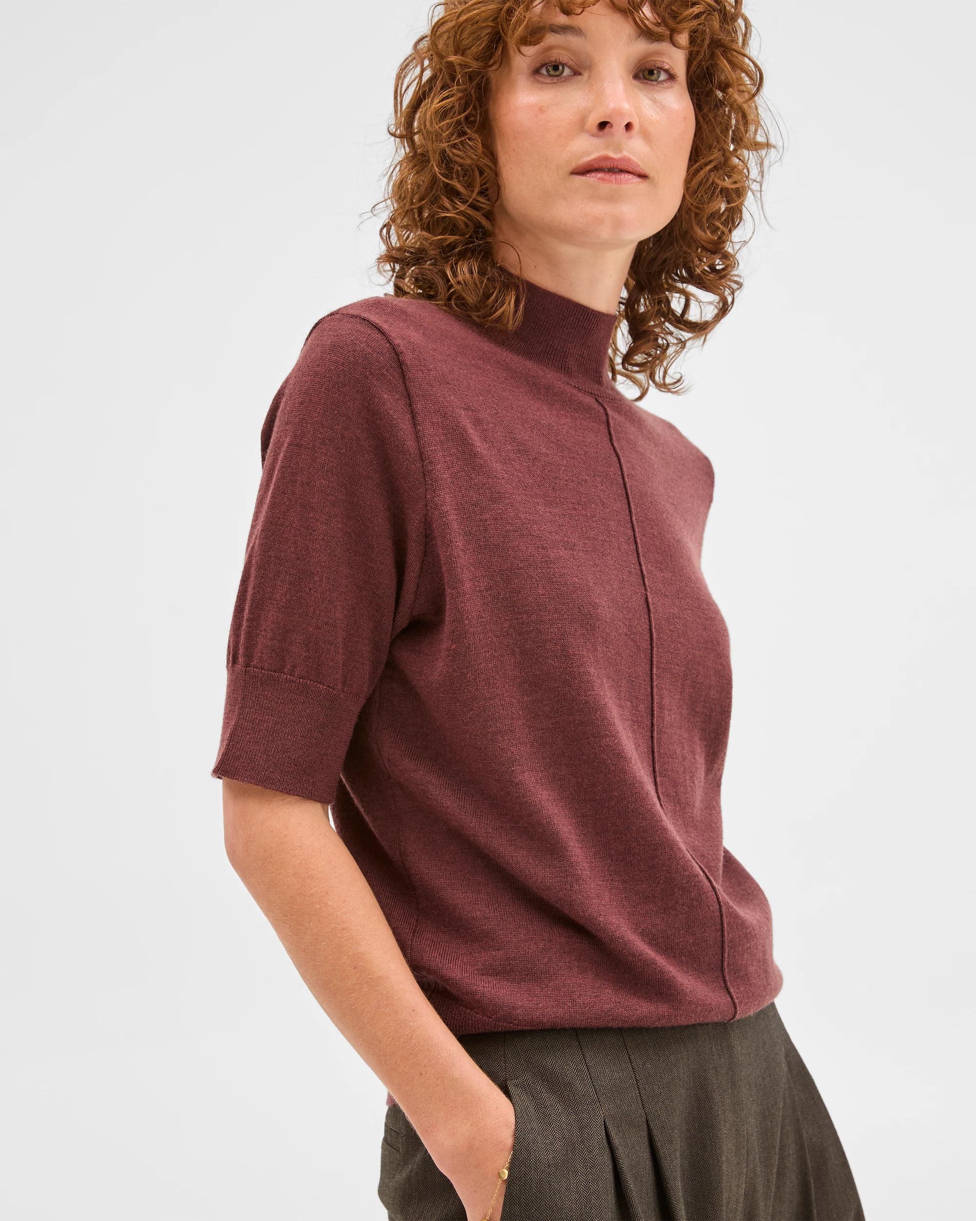 4 Preview Merino Wool Mock Neck Stitch Detail Top RUM RAISIN, 4 of 7