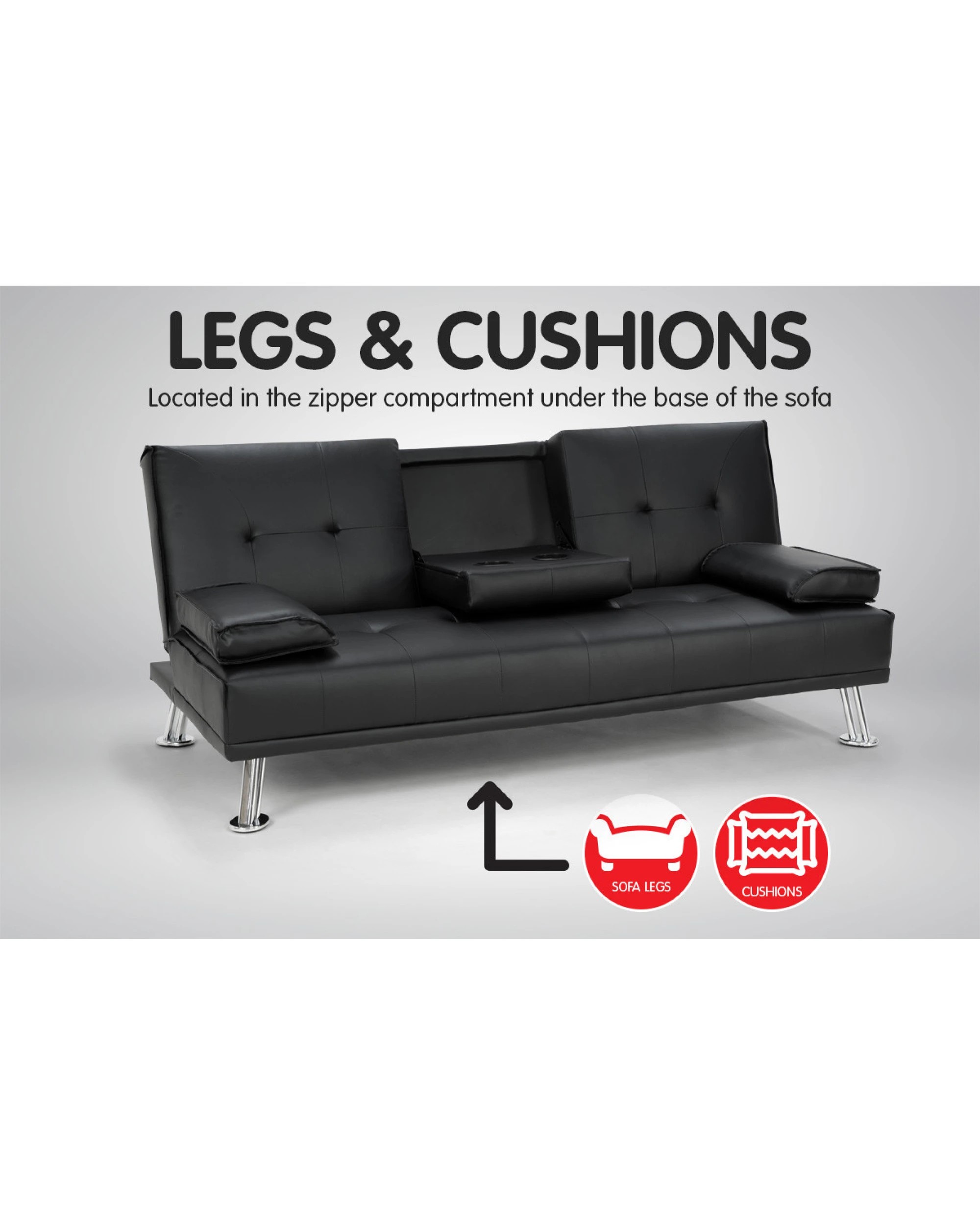 7 Sarantino Faux Leather Sofa Bed Lounge Furniture - Black, 7 of 7