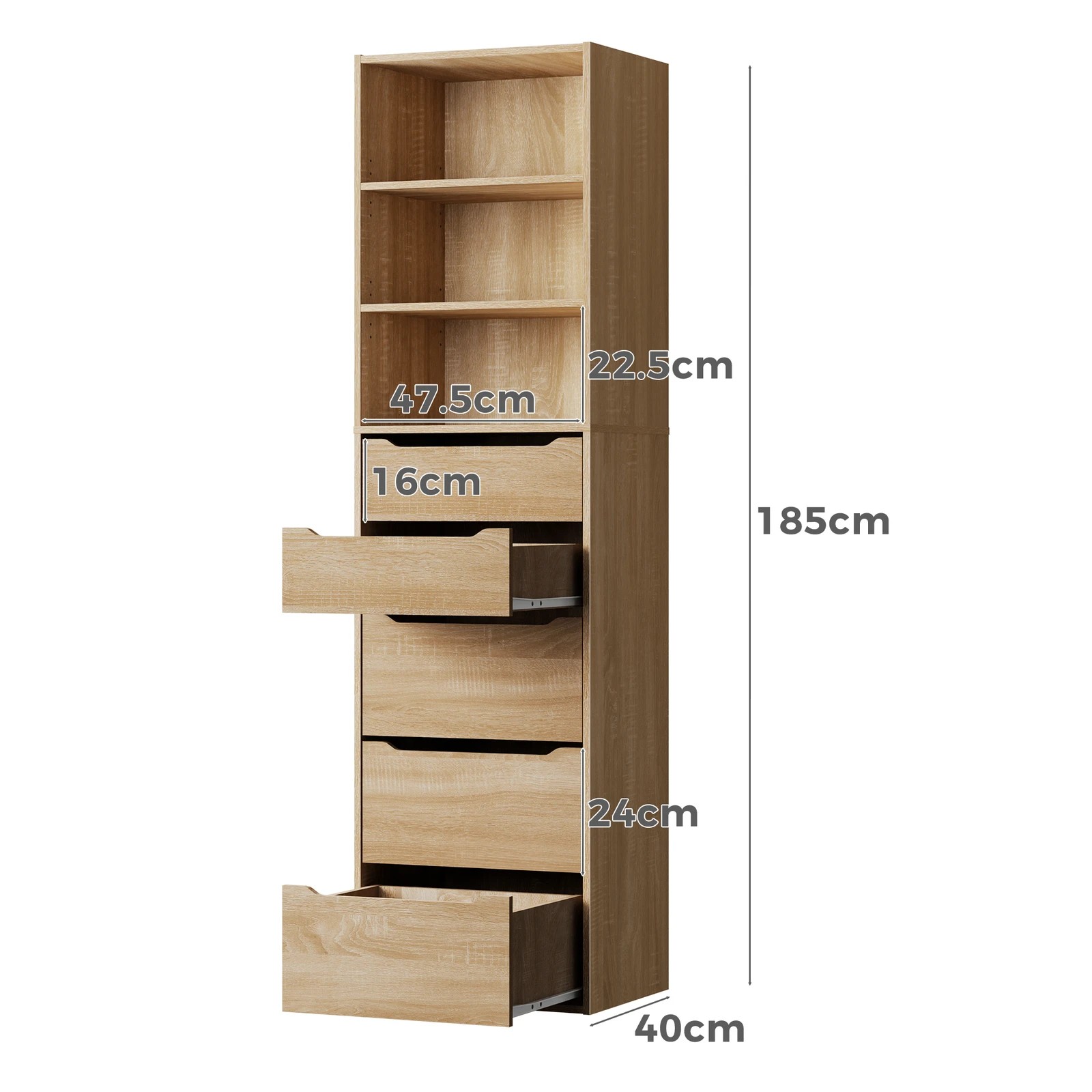 7 Alfordson Chest of 5 Drawers Office Storage Cabinet Tallboy Bedroom - Oak, 7 of 10