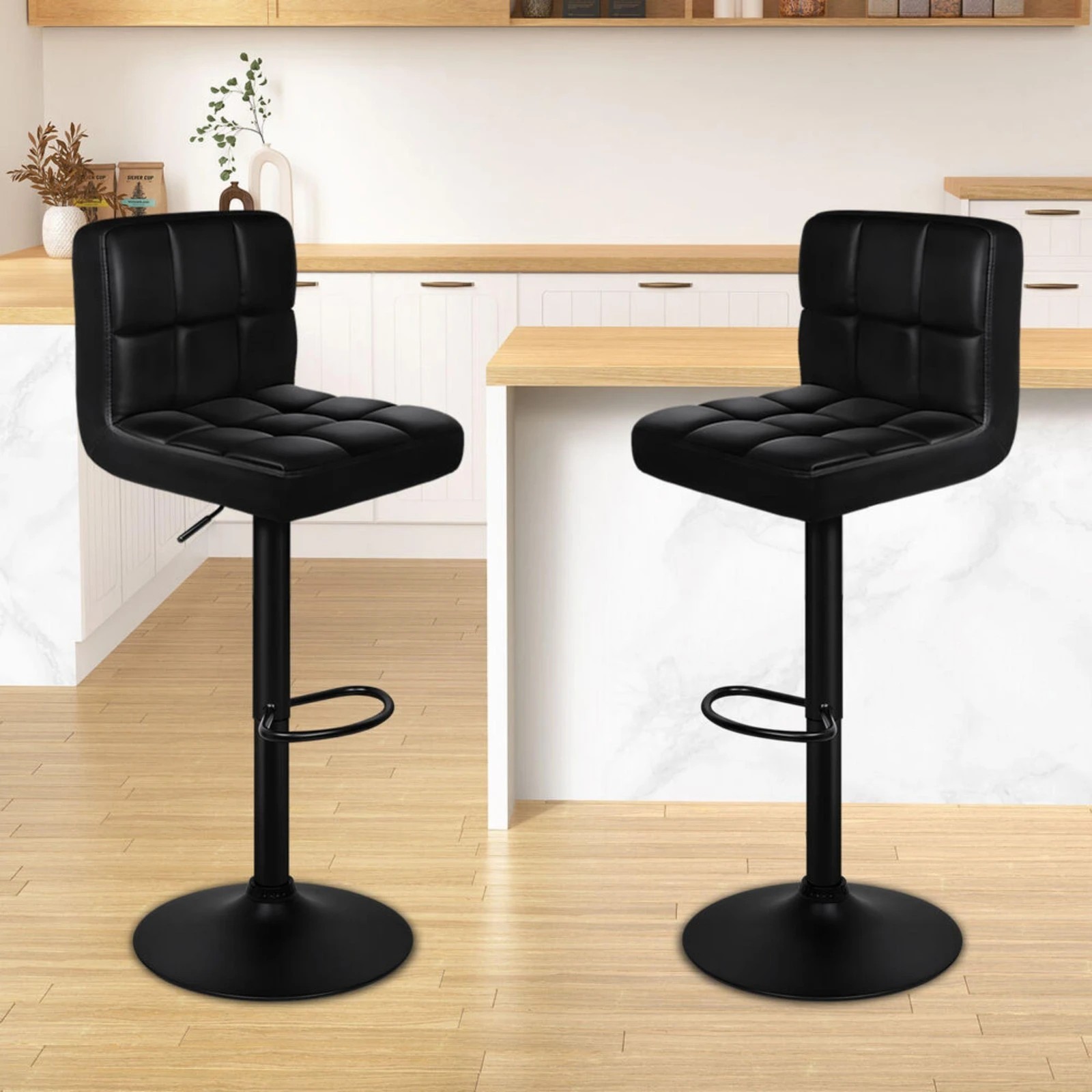 10 Alfordson 2x Bar Stools Leather Gas Lift - Black, 10 of 10