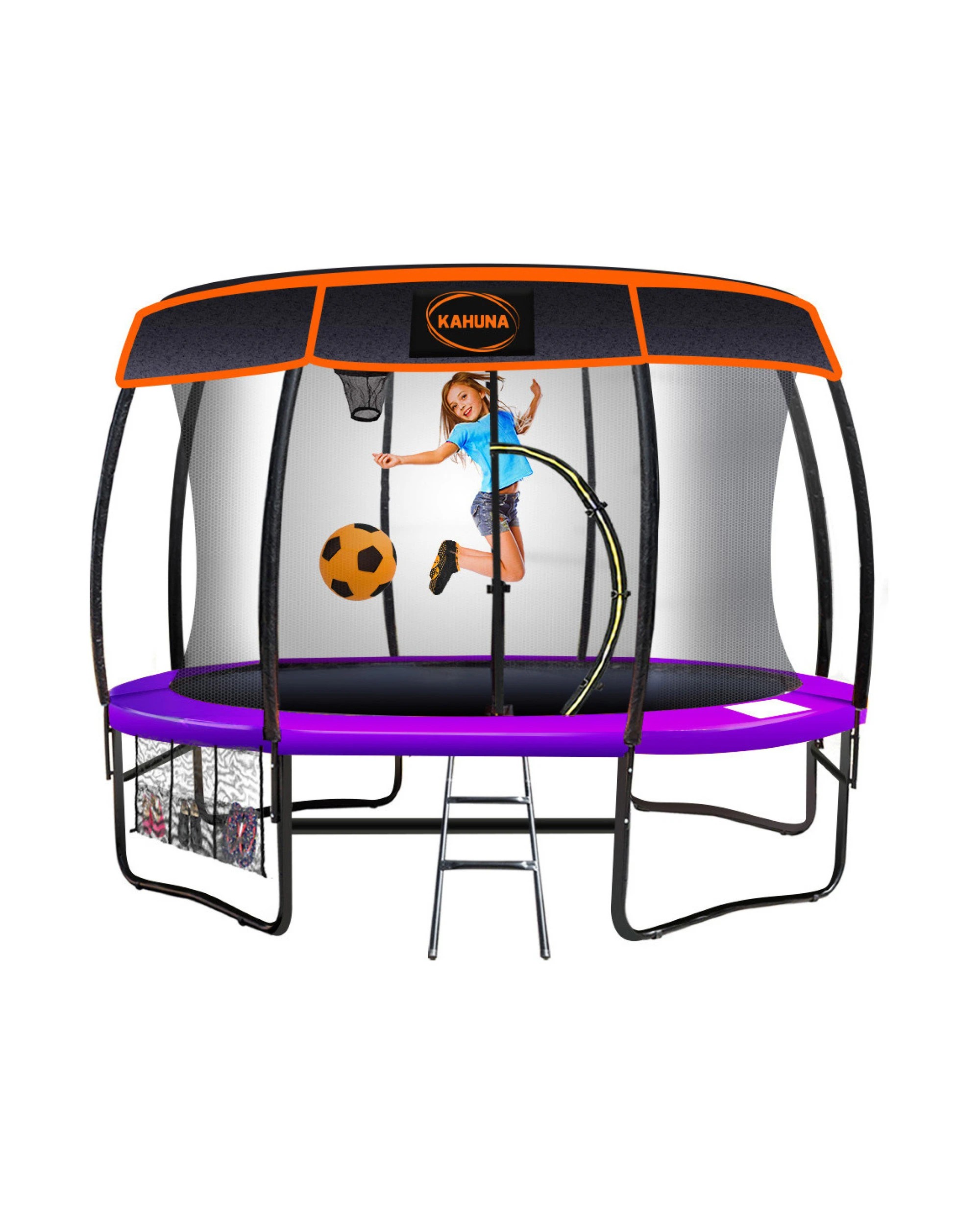1 Kahuna 14ft Trampoline with Basketball Set and Roof in Purple, 1 of 10