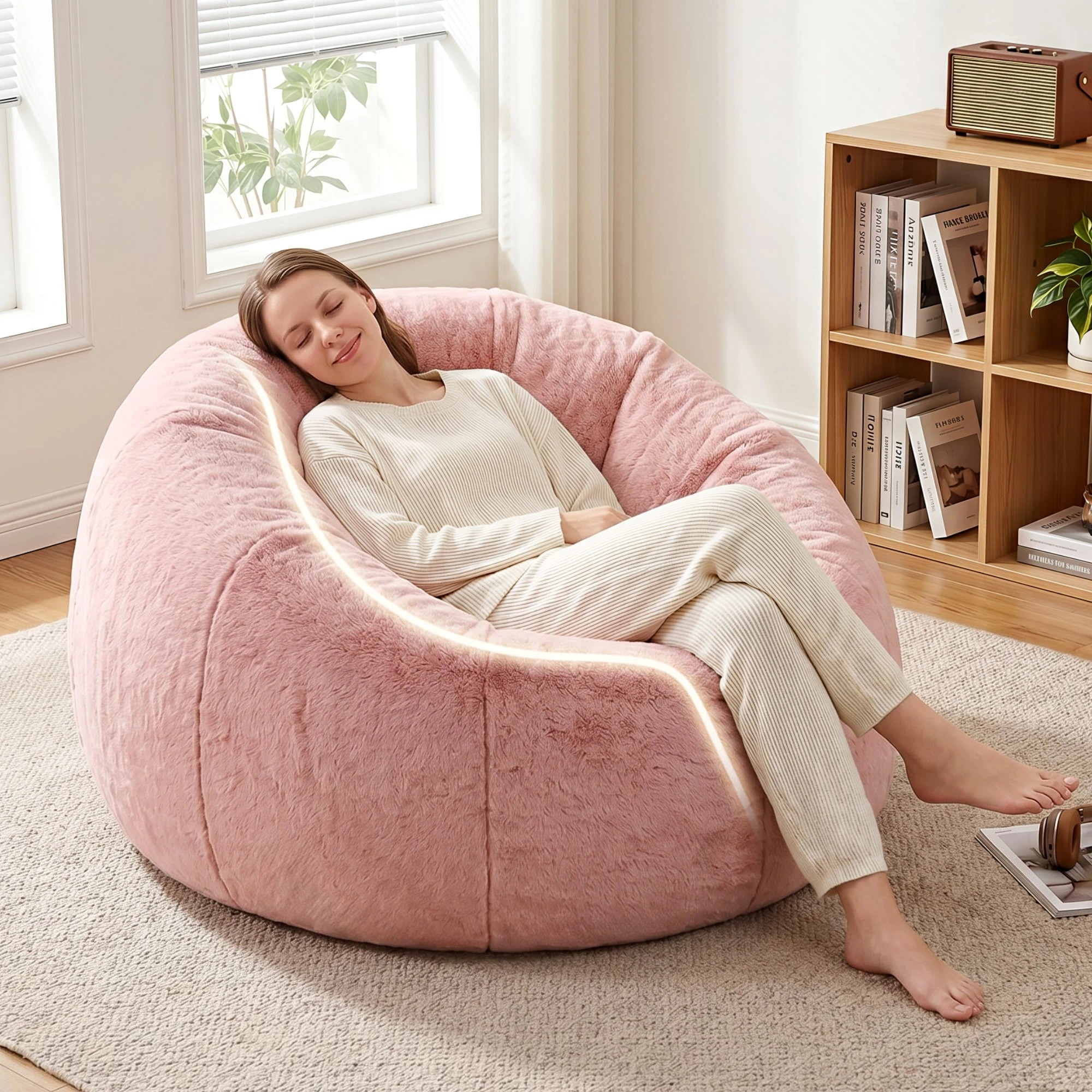 6 Artiss Bean Bag Chair Cover Faux Fur No Filler Washable Lazy Sofa Cover - Pink, 6 of 10
