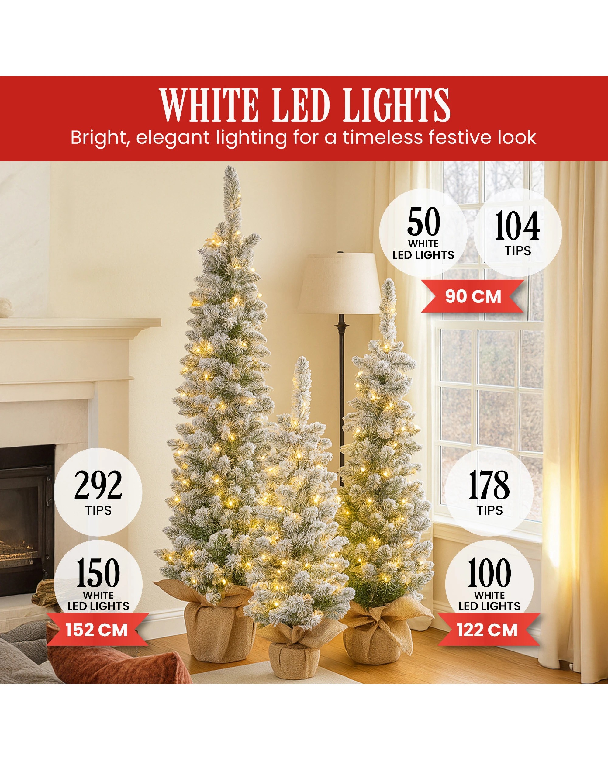 6 Christabelle Snowy Pine Christmas Trees Set Of 3 With Led Lights And Hessian Base, 6 of 9