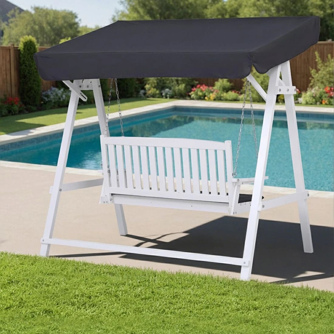 7 Gardeon Outdoor Wooden Swing Chair Garden Bench Canopy Cushion 3 Seater - White, 7 of 7