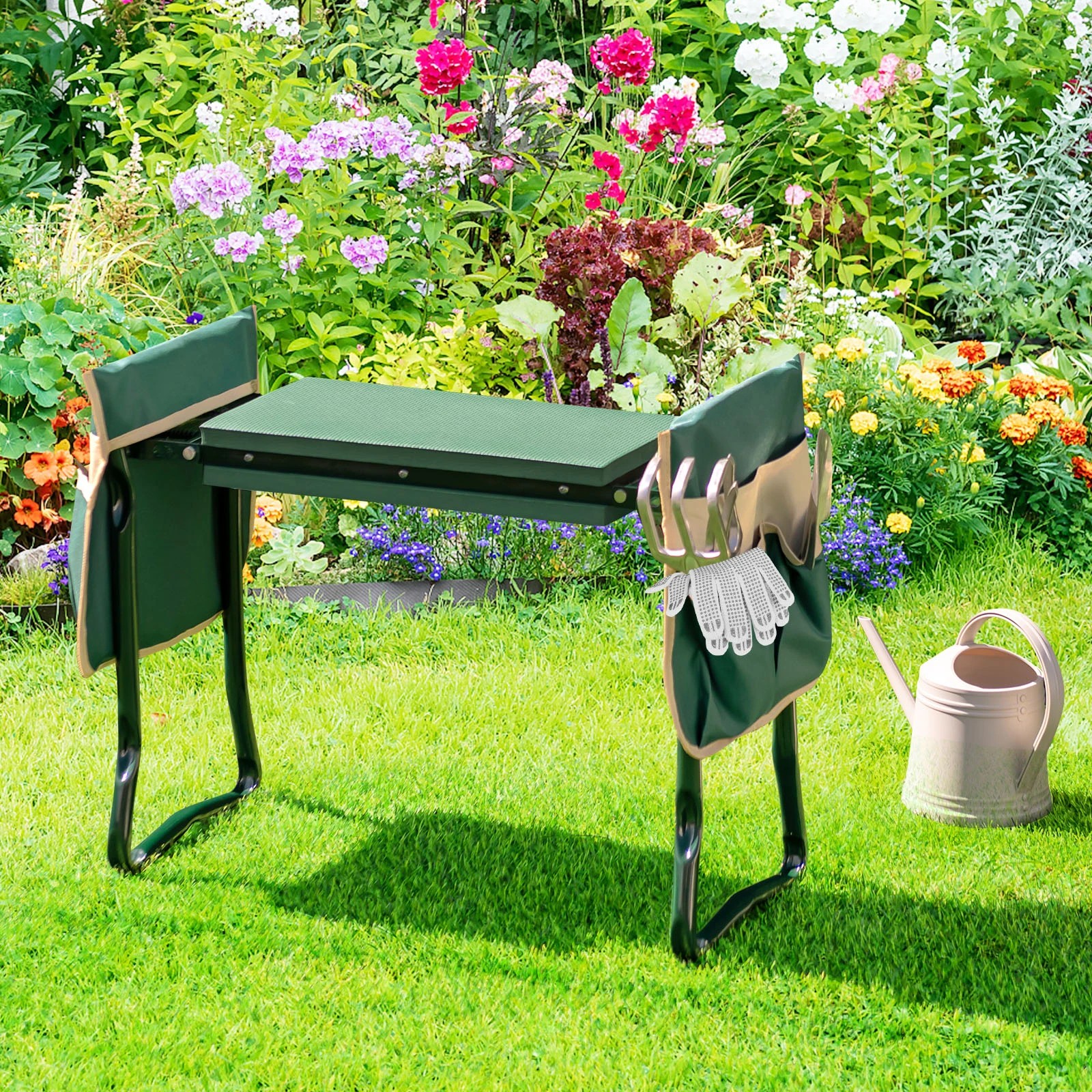 2 Costway Foldable Garden Kneeler Portable Gardener Seat Stool Kneeling Pad w/2 Bonus Tool Pouches - Green, 2 of 3