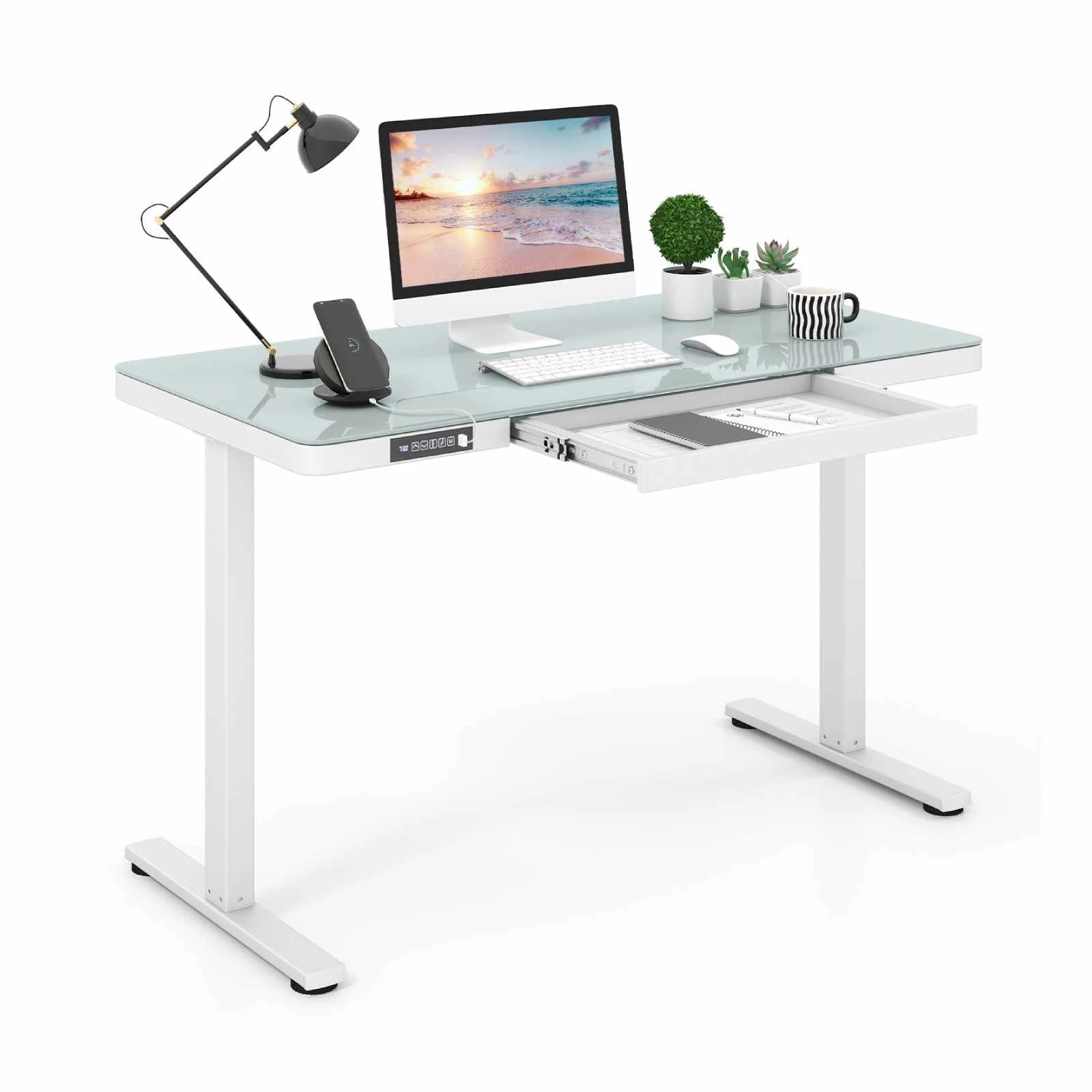 2 Costway 120cm Electrical Standing Desk Tempered Glass Tabletop Home Office - White, 2 of 2